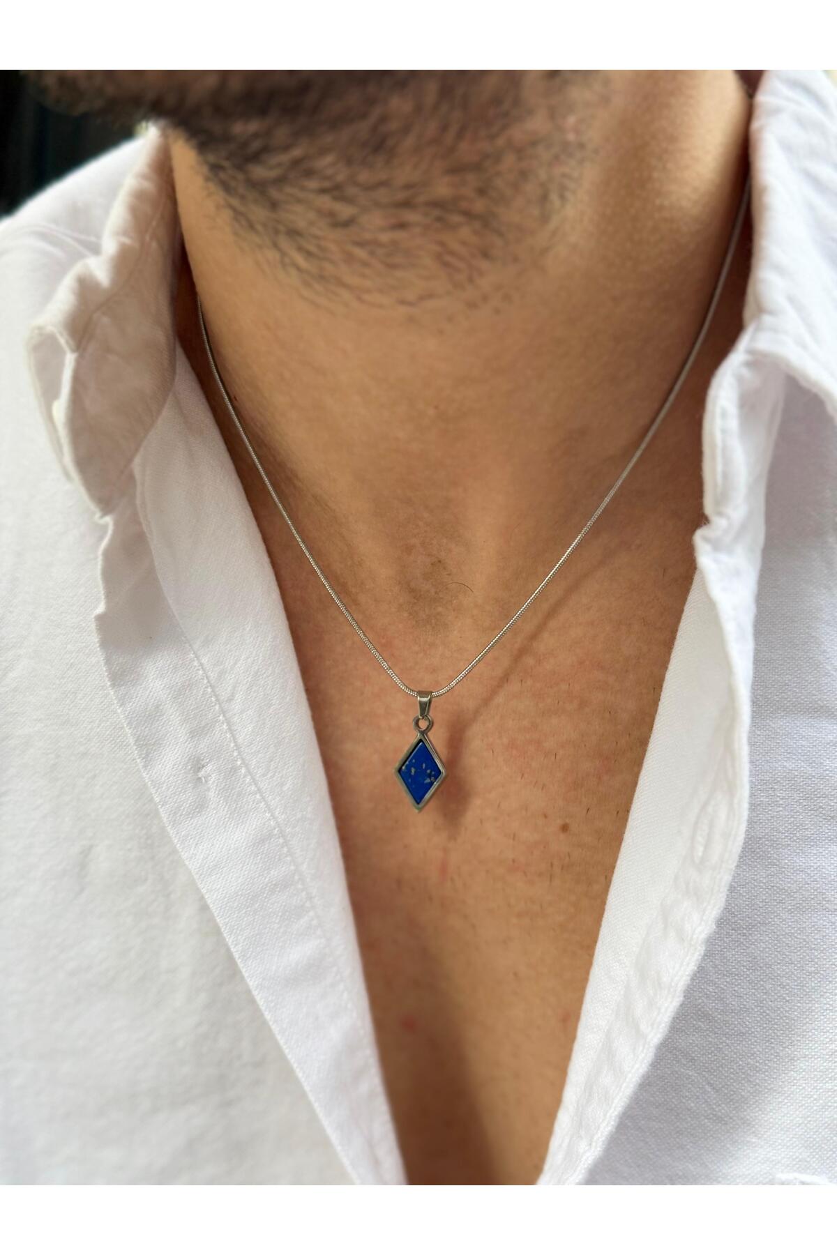 Glóin Erkek Lacivert Lapis Lazuli Doğal Taşlı Baklava Model Paslanmaz Çelik Kolye