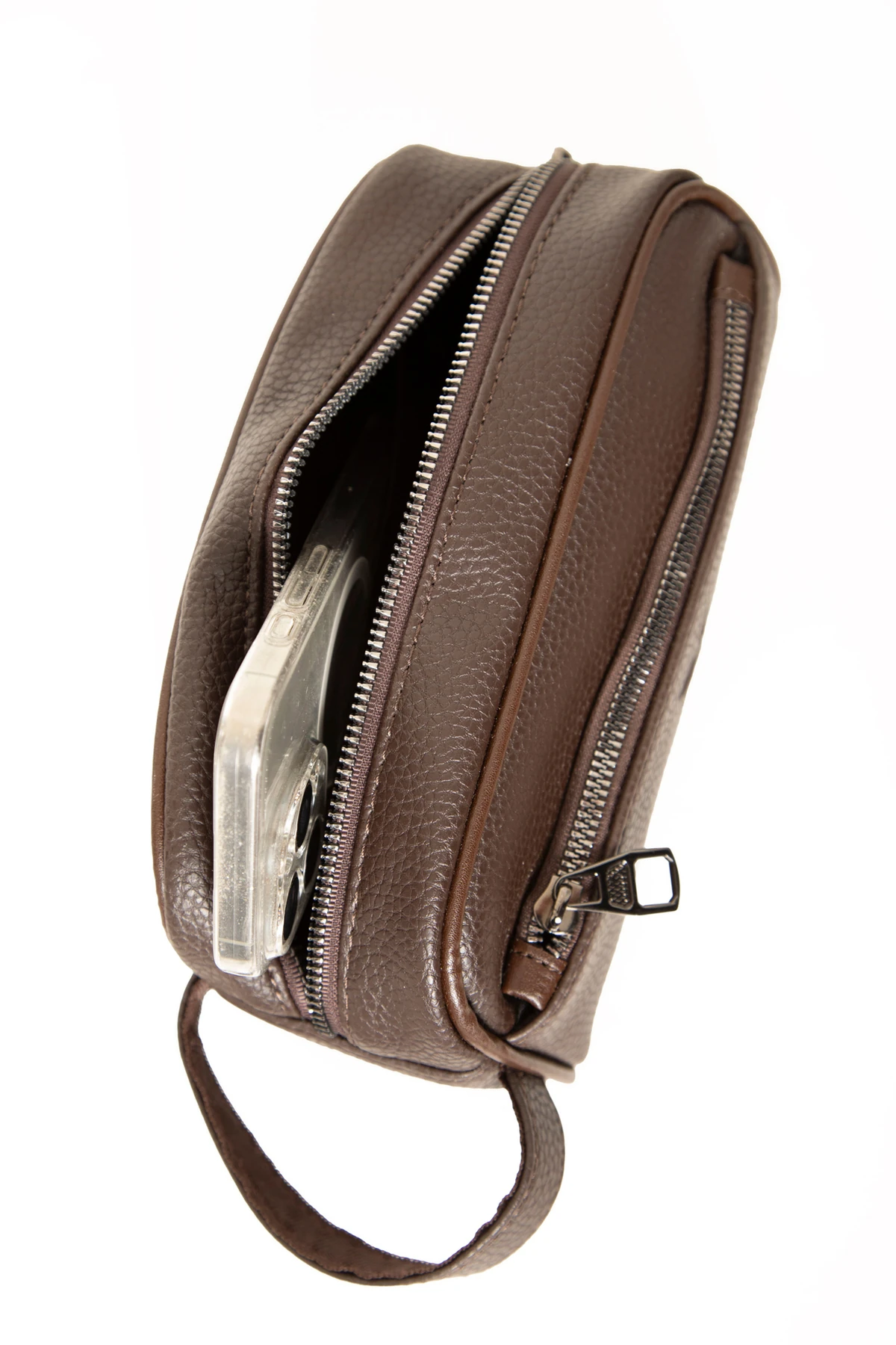 Lurtz Erkek Kahverengi Vegan Deri El Çantası – Fermuarlı Ön Cep, Dokulu Desen