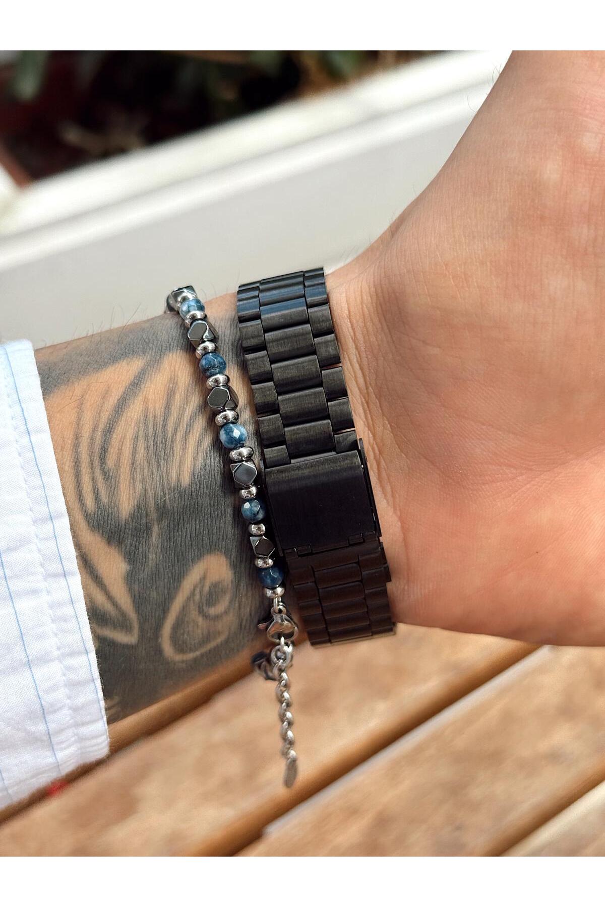 Siyah Metal Kordon-Kare Kasa, Siyah Kadran, Rose Gold İndeksli, Takvimli Erkek Kol Saati