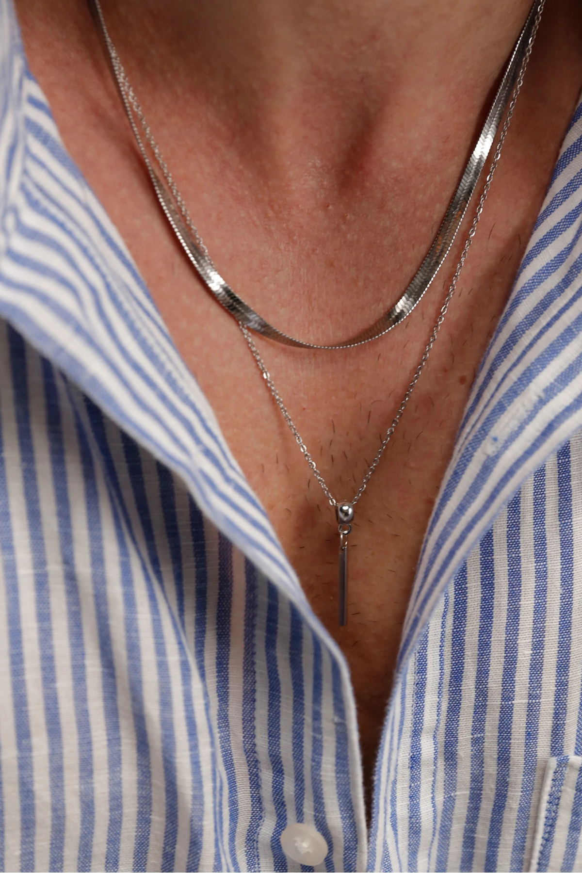 Eiji Erkek Gümüş Renk 2'li Çelik Kolye Seti – Yassı Yılan Zincir & Çubuk Uç Detaylı (47 & 60 cm )