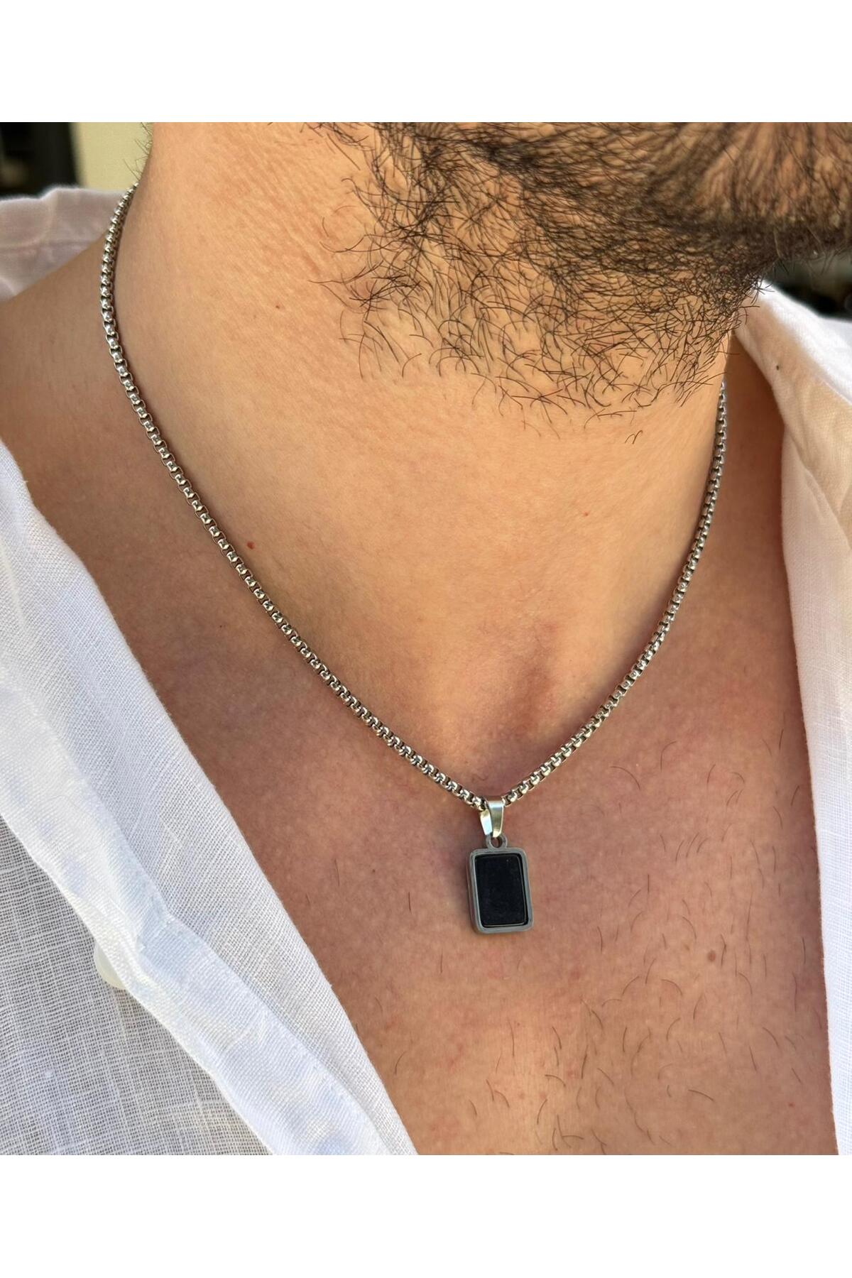 Butch Erkek Minimal Dikdörtgen Siyah Oniks Doğal Taş Uçlu Çelik Kolye