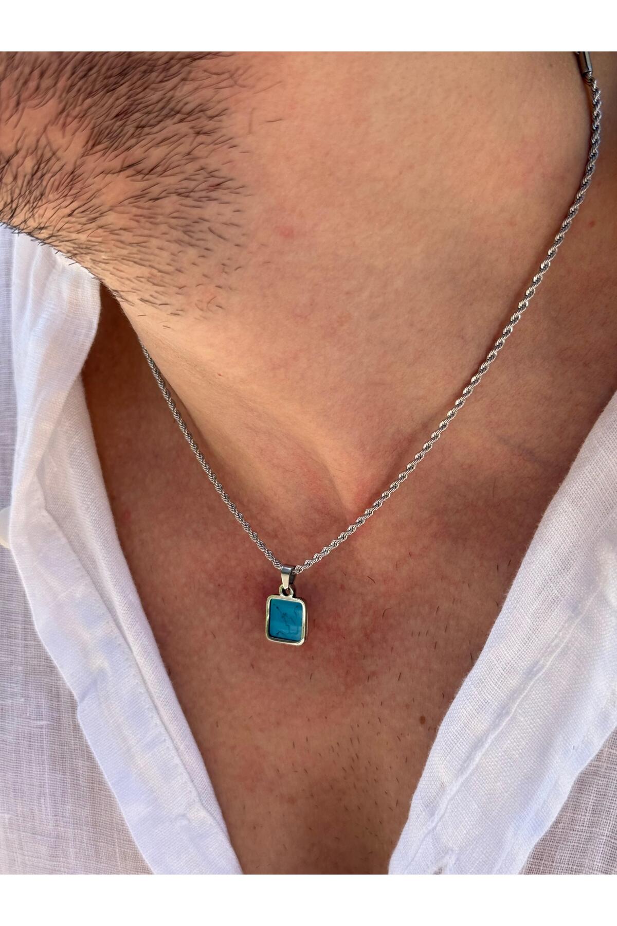 Bunta Erkek Minimal Kare Mavi Doğal Taş Uçlu Çelik Kolye