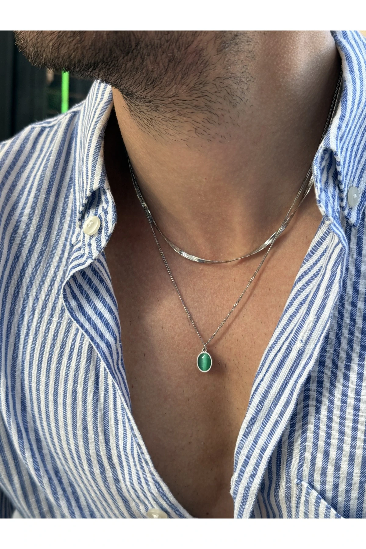 Nessa 2'li İtalyan Zincirli Yeşil Doğal Taşlı Gümüş Renk Zincirli Erkek Kararmaz Çelik Kolye