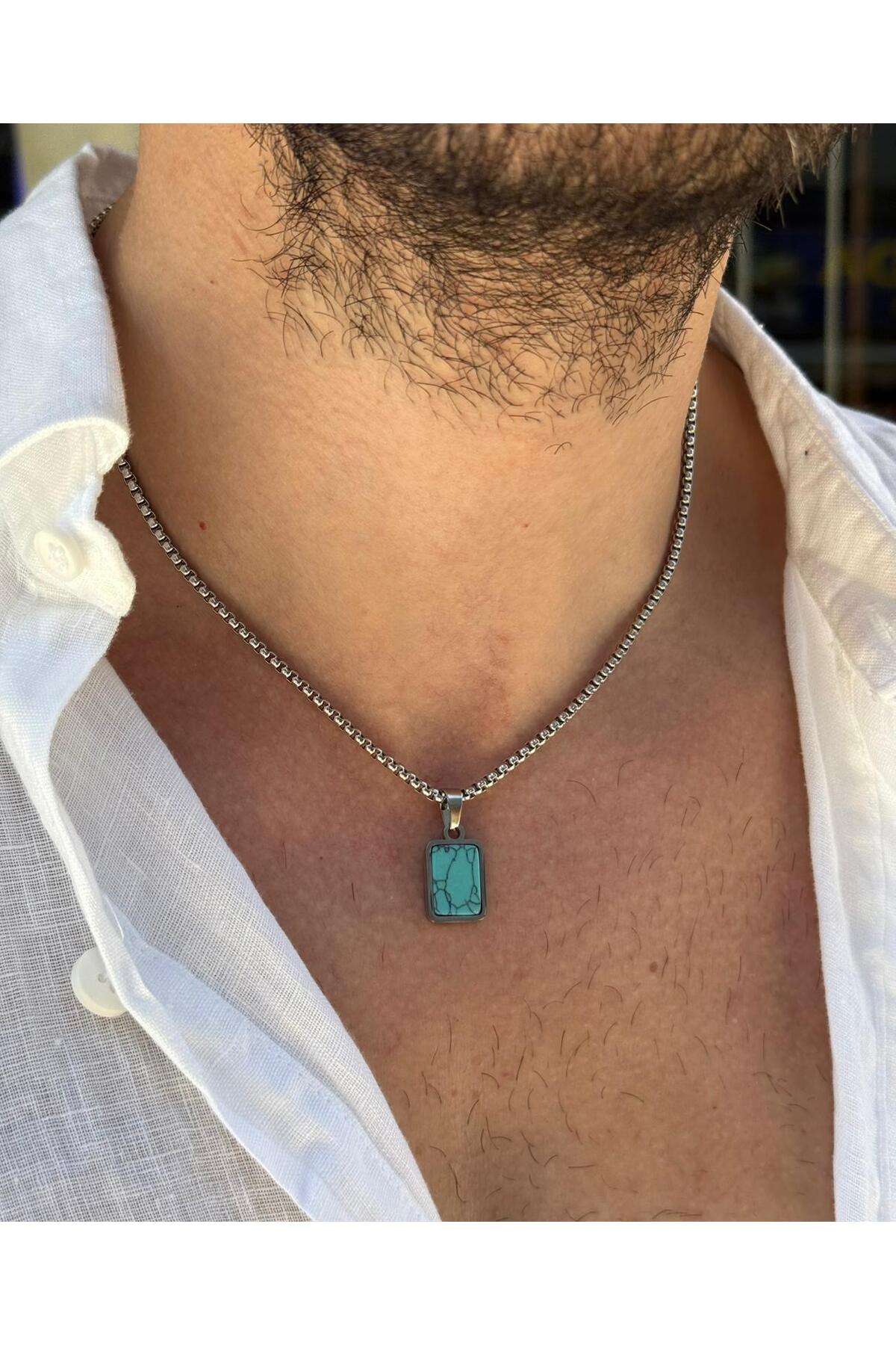 Anzu Erkek Minimal Dikdörtgen Yeşil Krizopraz Doğal Taş Uçlu Çelik Kolye