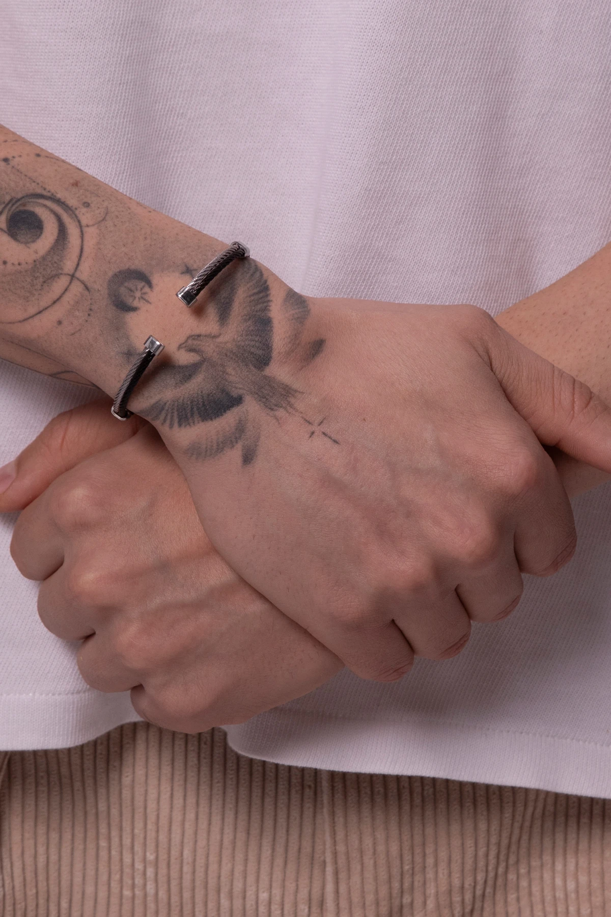 Denethor Erkek Gümüş-siyah Renk Hasır Paslanmaz Çelik Kelepçe Bileklik