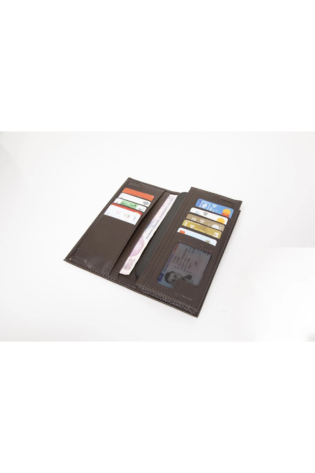 Erkek Kahverengi Suni Deri Telefon Bölmeli 10 Kartlık Şeffaf Gözlü Cüzdan