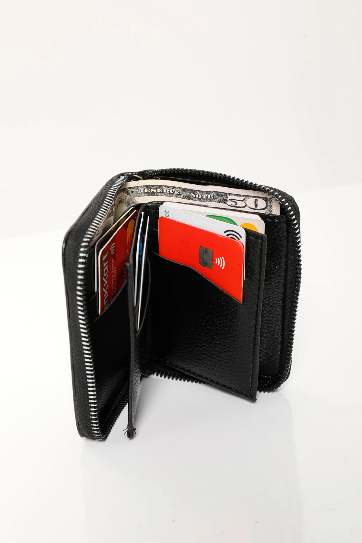 Erkek Siyah Vegan Deri Dikey Fermuarlı Kartlık Ve Cüzdan