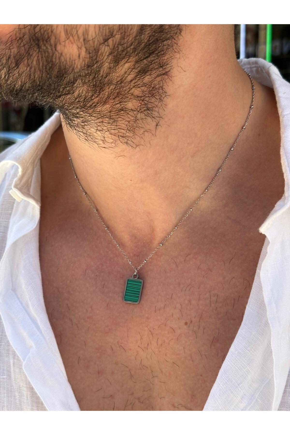 Atani Erkek Yeşil Doğal Taş Uçlu Çelik Kolye