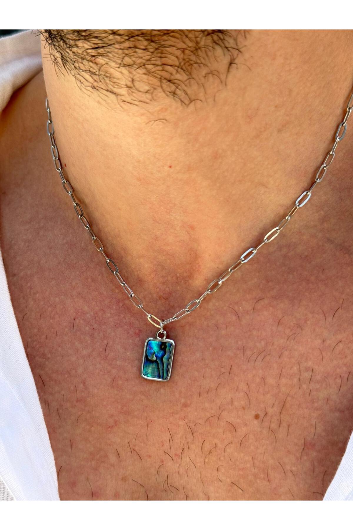 Bauglir Erkek Hologramlı Abalone Doğal Taş Uçlu Çelik Kolye