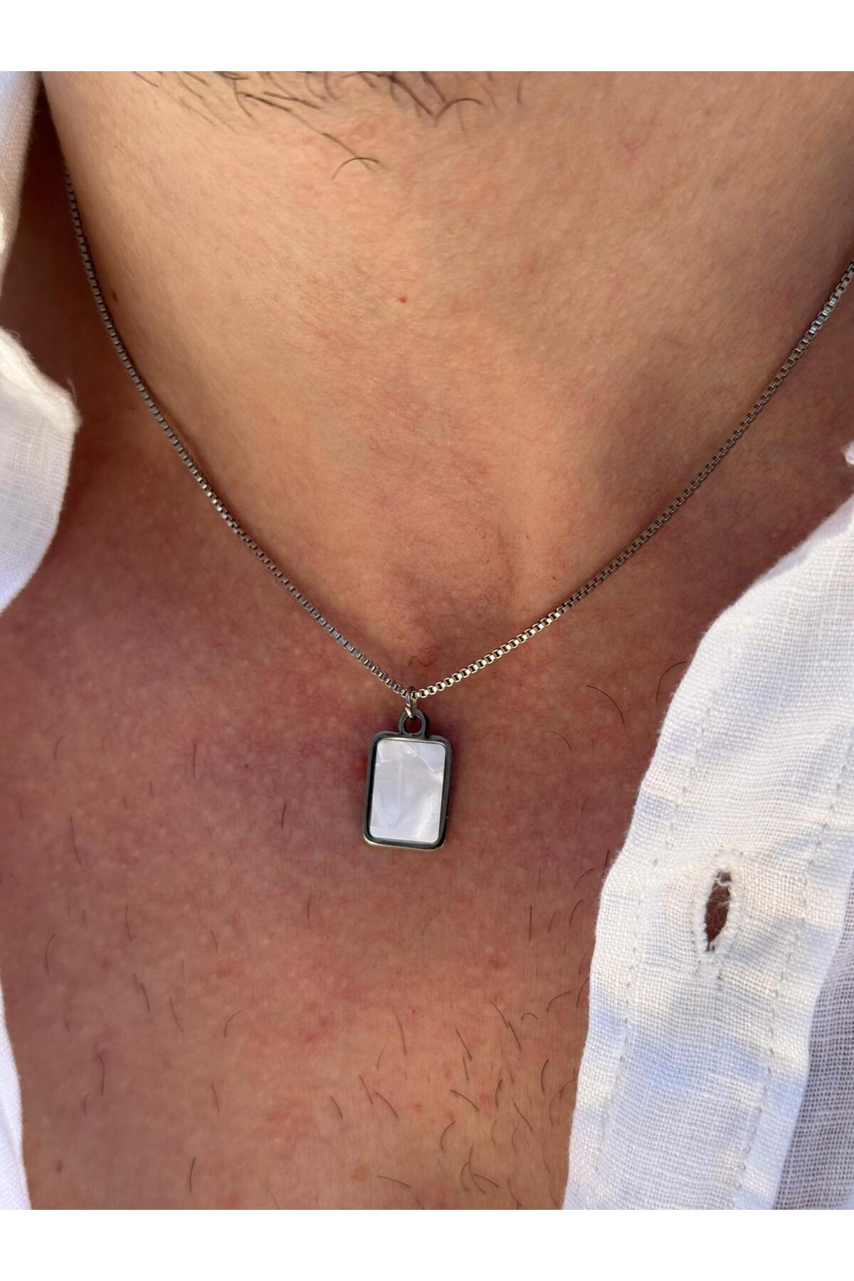 Atalente Erkek Minimal Dikdörtgen Beyaz Oniks Doğal Taş Uçlu Çelik Kolye