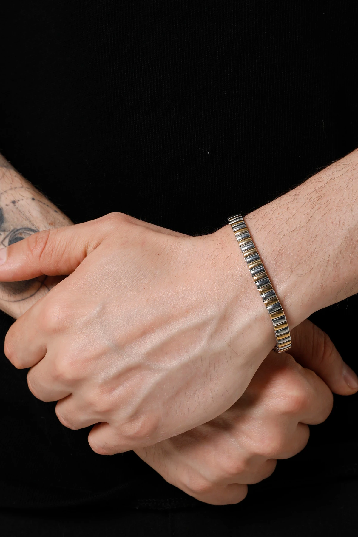 Erkek Gümüş-Altın Renk Yaylı Kelepçe Bileklik