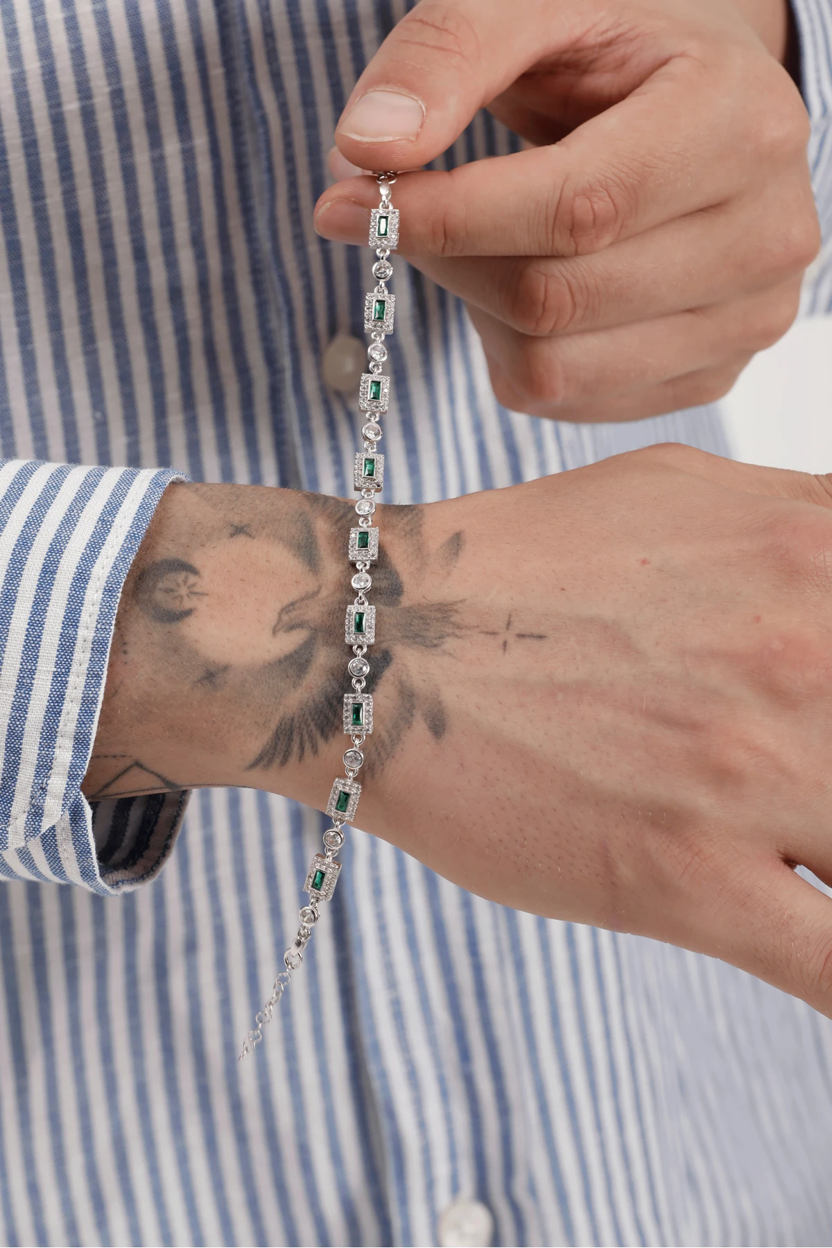 Hama Yeşil Baget ve Yuvarlak Taş Detaylı 925 Ayar Erkek Gümüş Bileklik