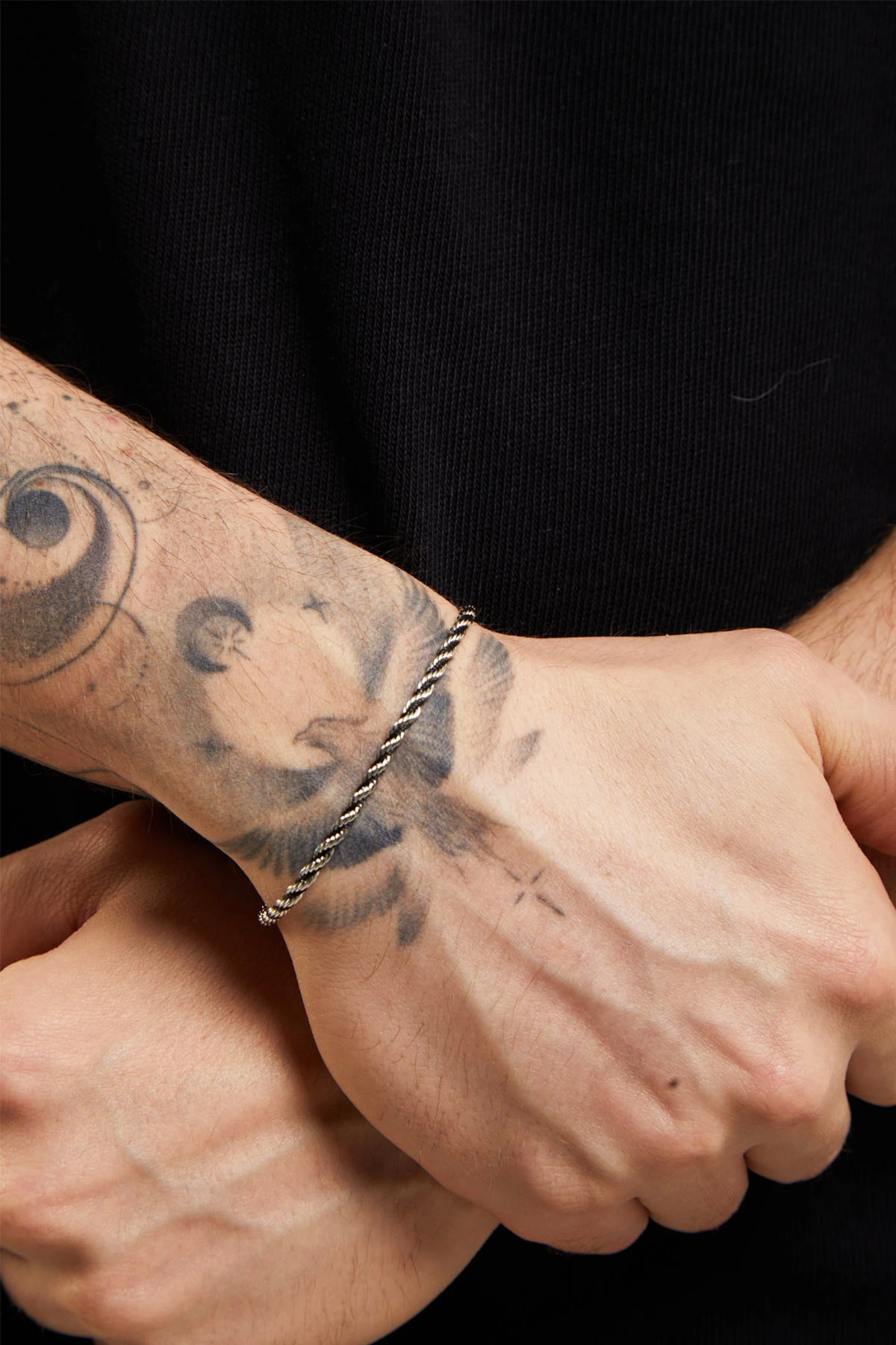 Pansy Erkek Çift Renkli Kalın Burgu Gümüş-Siyah Paslanmaz Çelik Bileklik