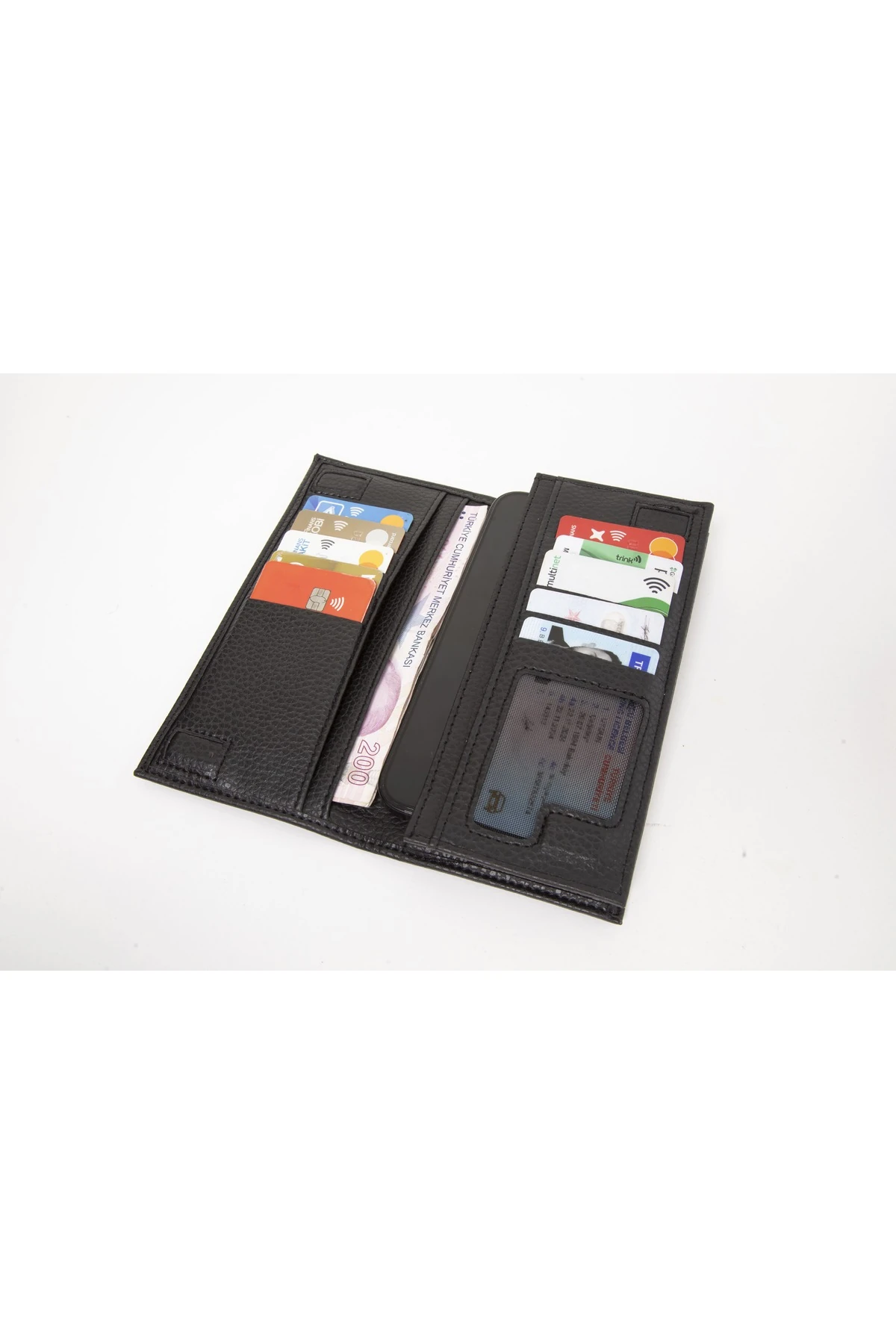 Erkek Siyah Suni Deri Telefon Bölmeli 10 Kartlık Şeffaf Gözlü Cüzdan