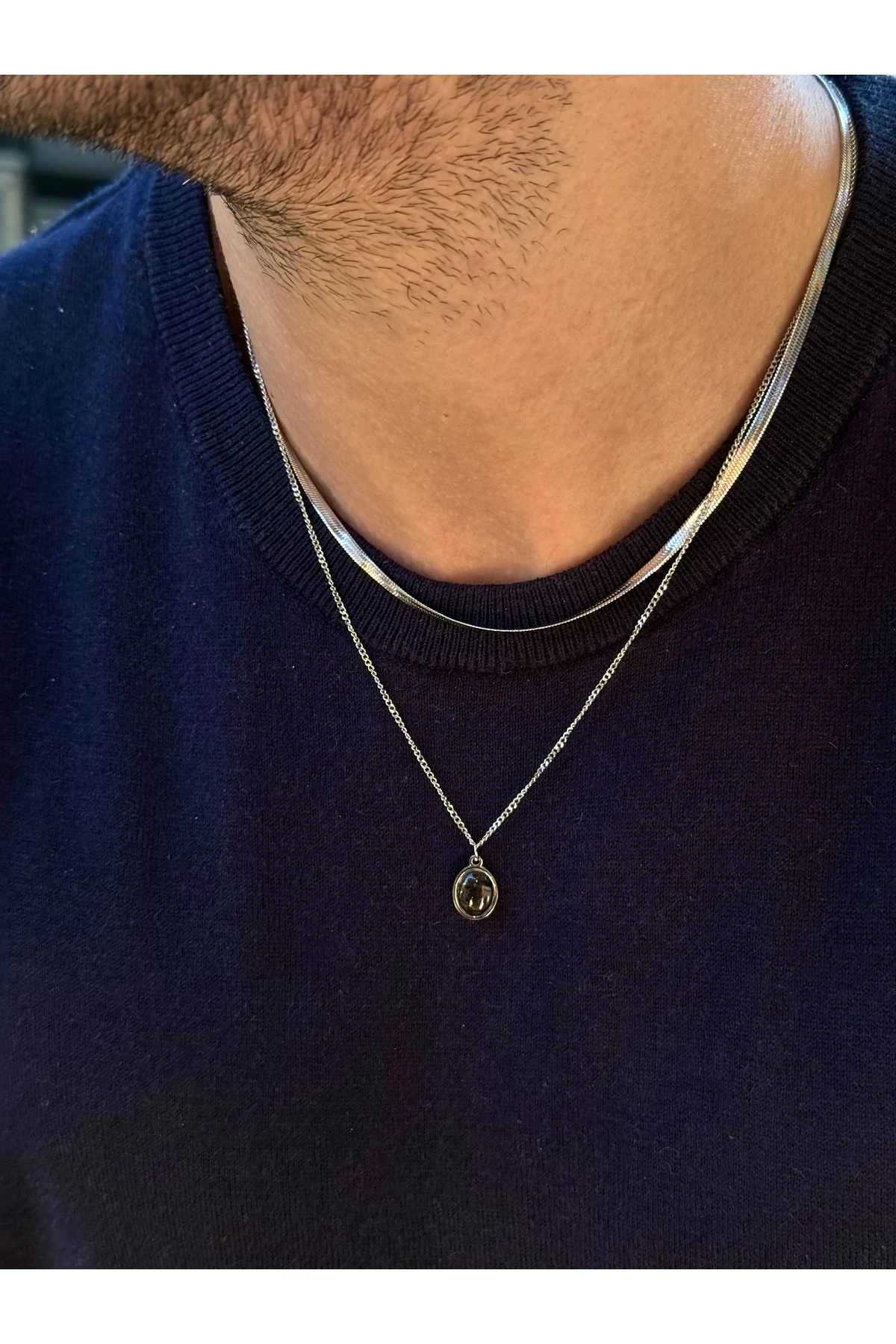 Mithrandir 2'li İtalyan Zincirli Siyah Doğal Taşlı Gümüş Renk Zincirli Erkek Kararmaz Çelik Kolye