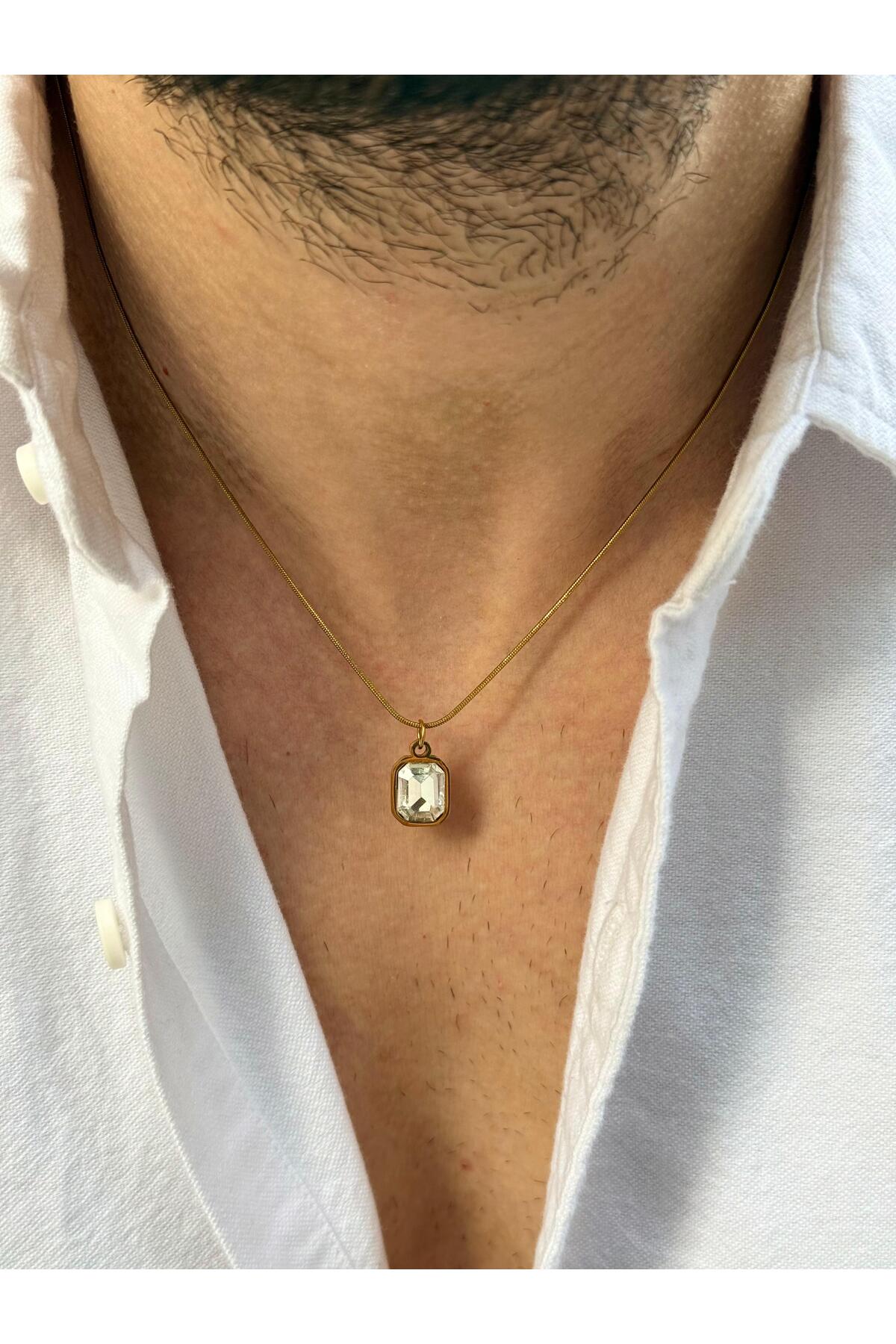 Aredhel Altın Renk Zirkon Taş Detaylı Paslanmaz Çelik Erkek Kolye