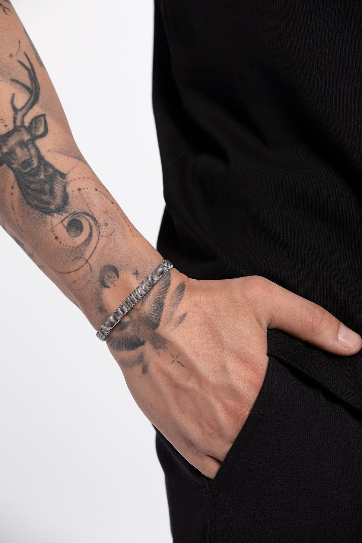 Sindarin Erkek Gümüş Renk Hasır Paslanmaz Çelik Kelepçe Bileklik