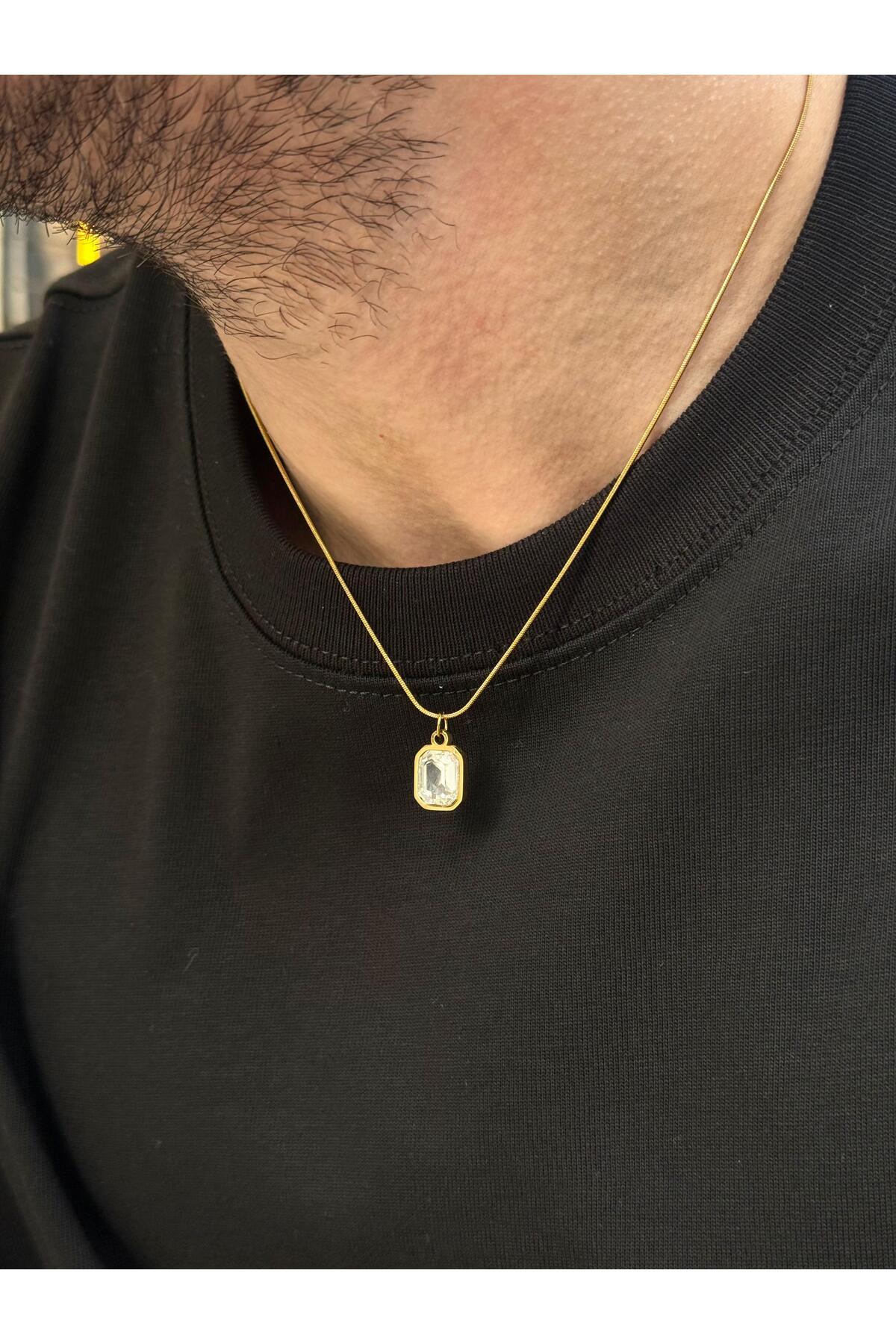 Aredhel Altın Renk Zirkon Taş Detaylı Paslanmaz Çelik Erkek Kolye