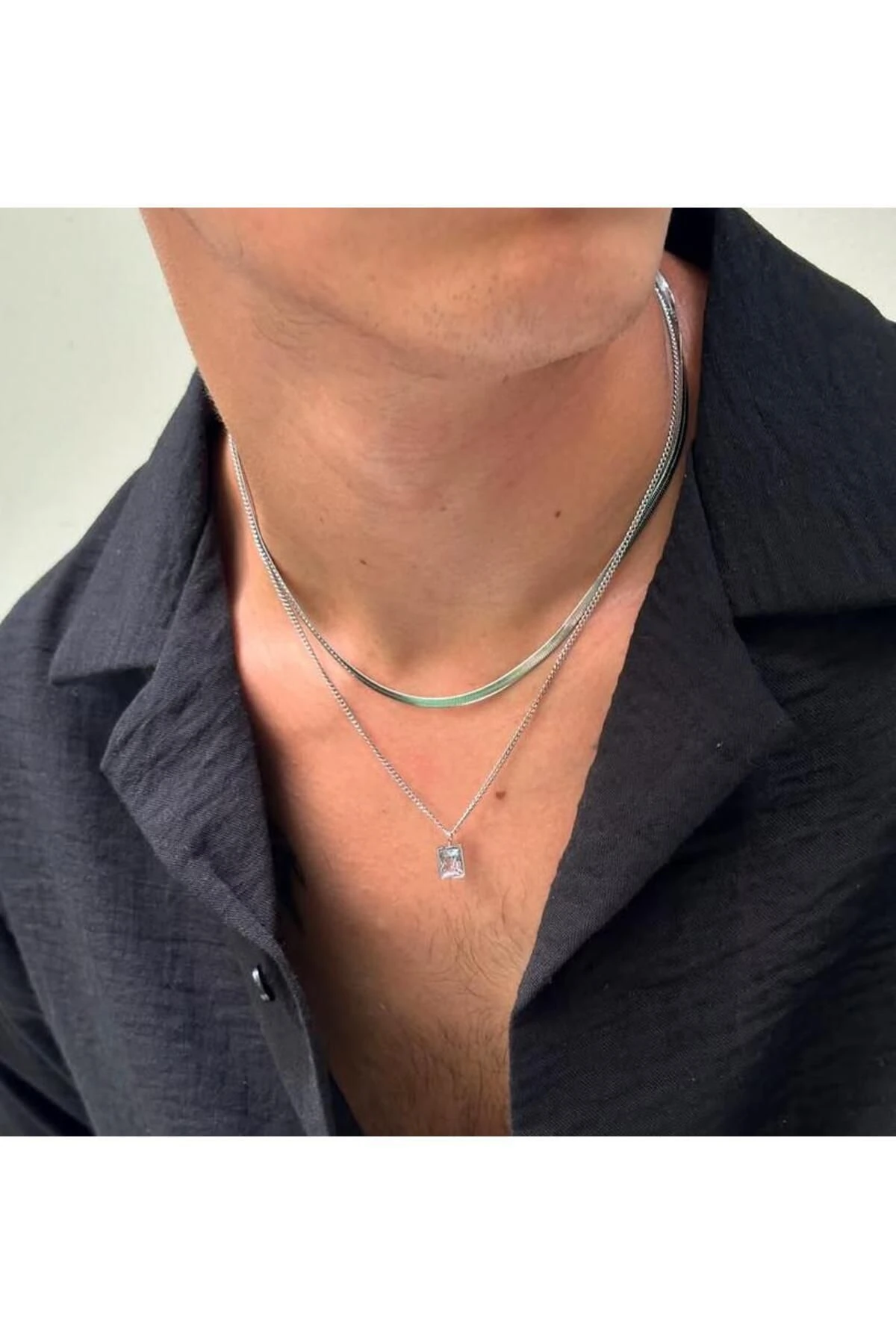 Dobby 2'li İtalyan Zincirli Zirkon Taşlı Gümüş Renkli Erkek Kararmaz Çelik Kolye