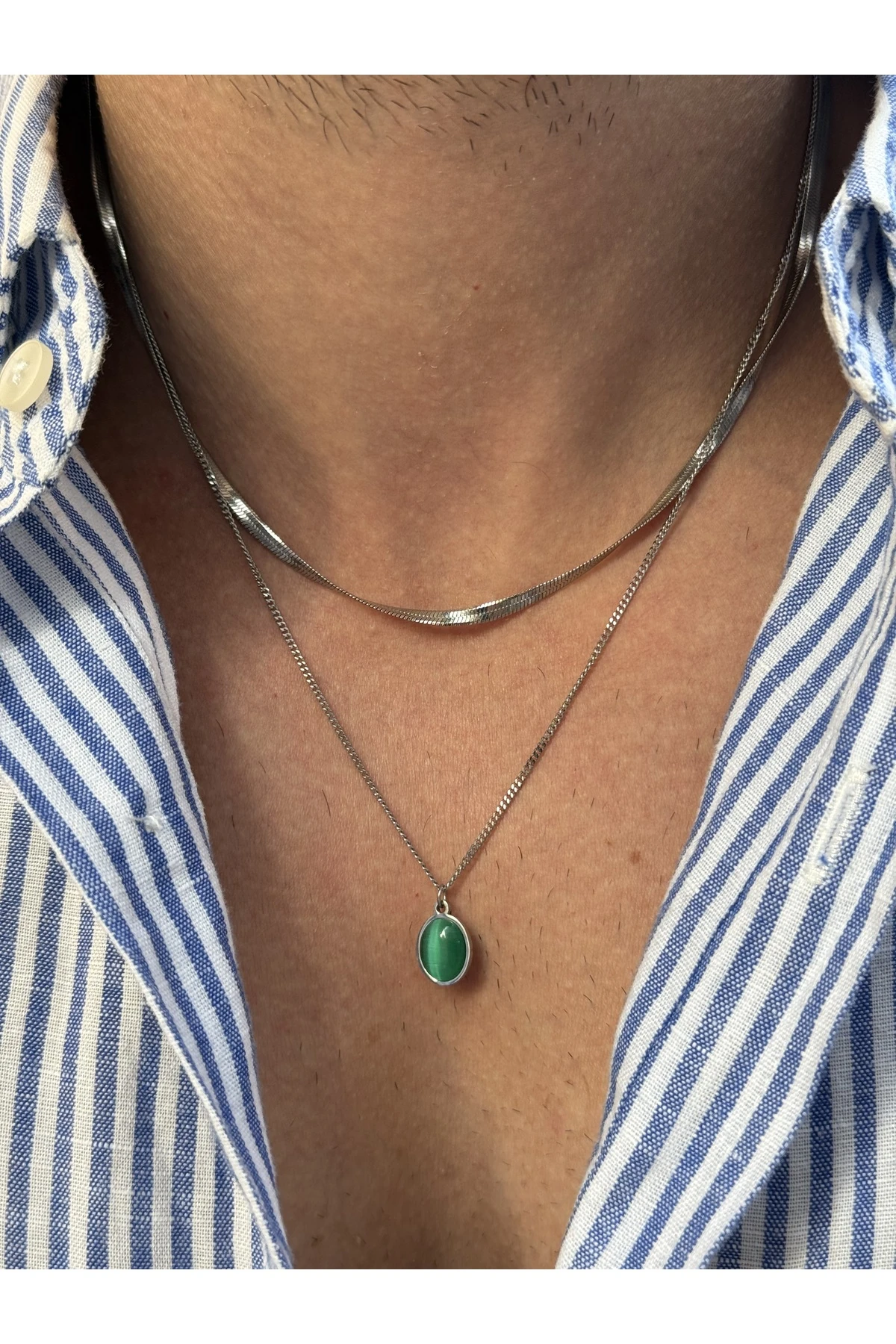 Nessa 2'li İtalyan Zincirli Yeşil Doğal Taşlı Gümüş Renk Zincirli Erkek Kararmaz Çelik Kolye