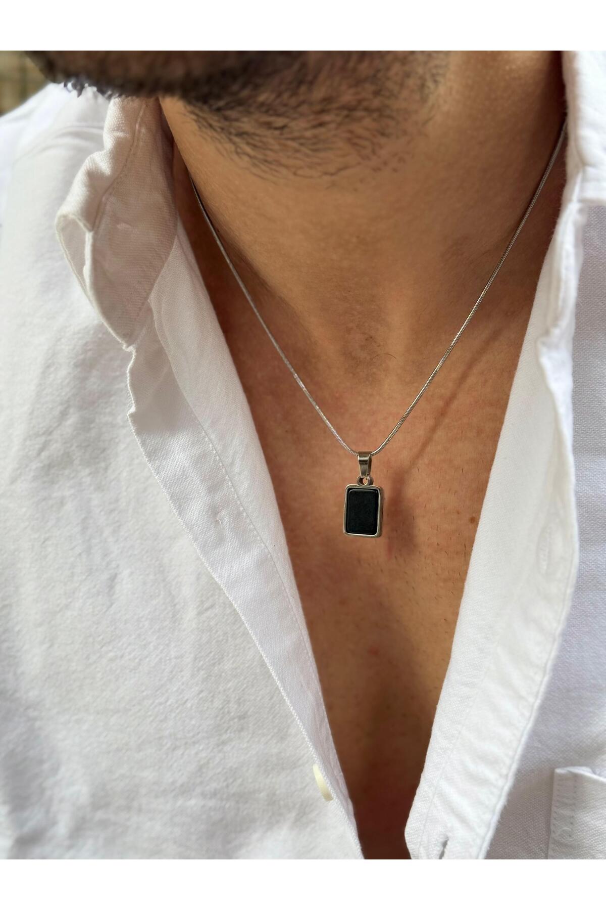 Arnoediad Erkek Minimal Dikdörtgen Siyah Oniks Doğal Taş Uçlu Çelik Kolye