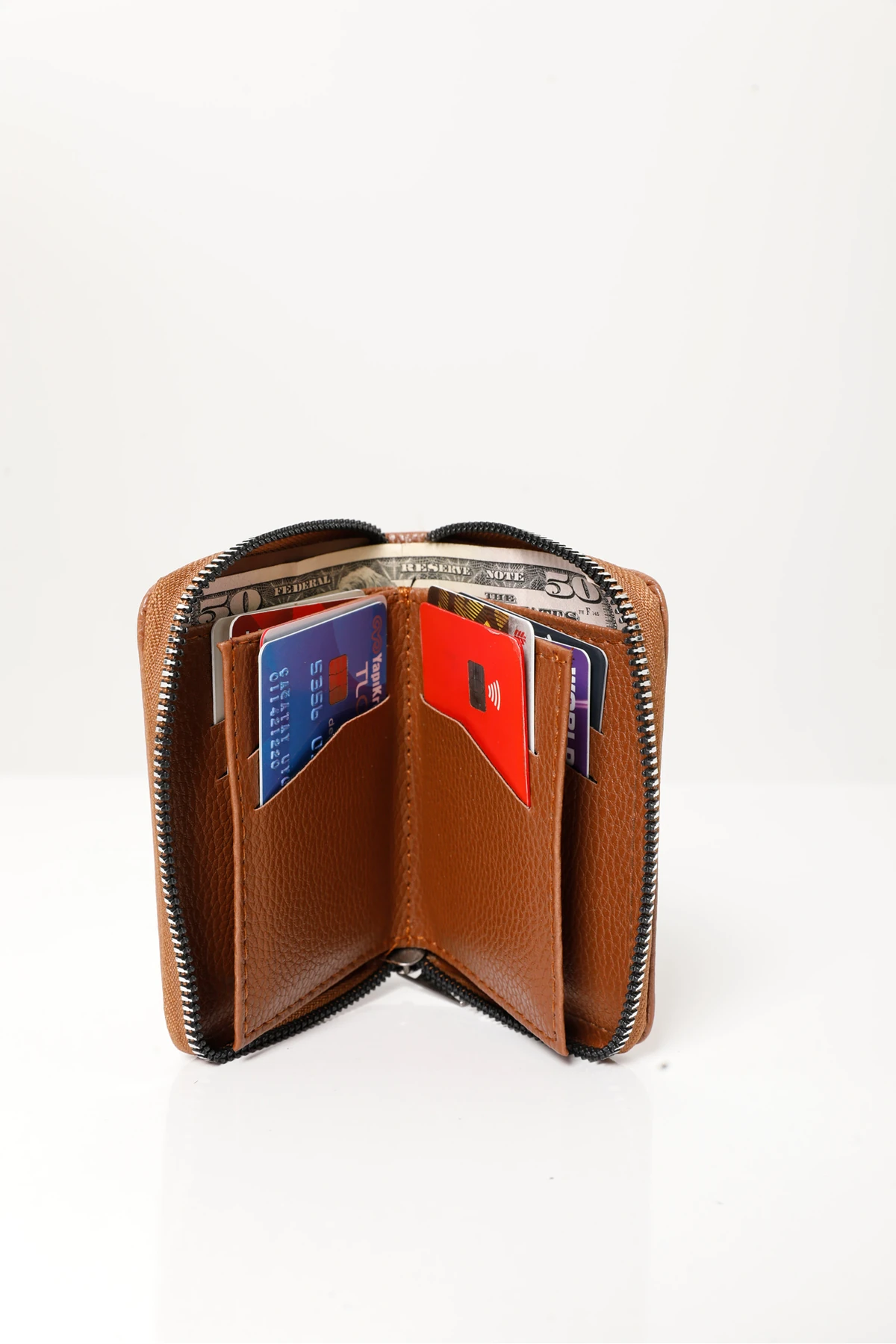 Erkek Taba Vegan Deri Dikey Fermuarlı Kartlık Ve Cüzdan