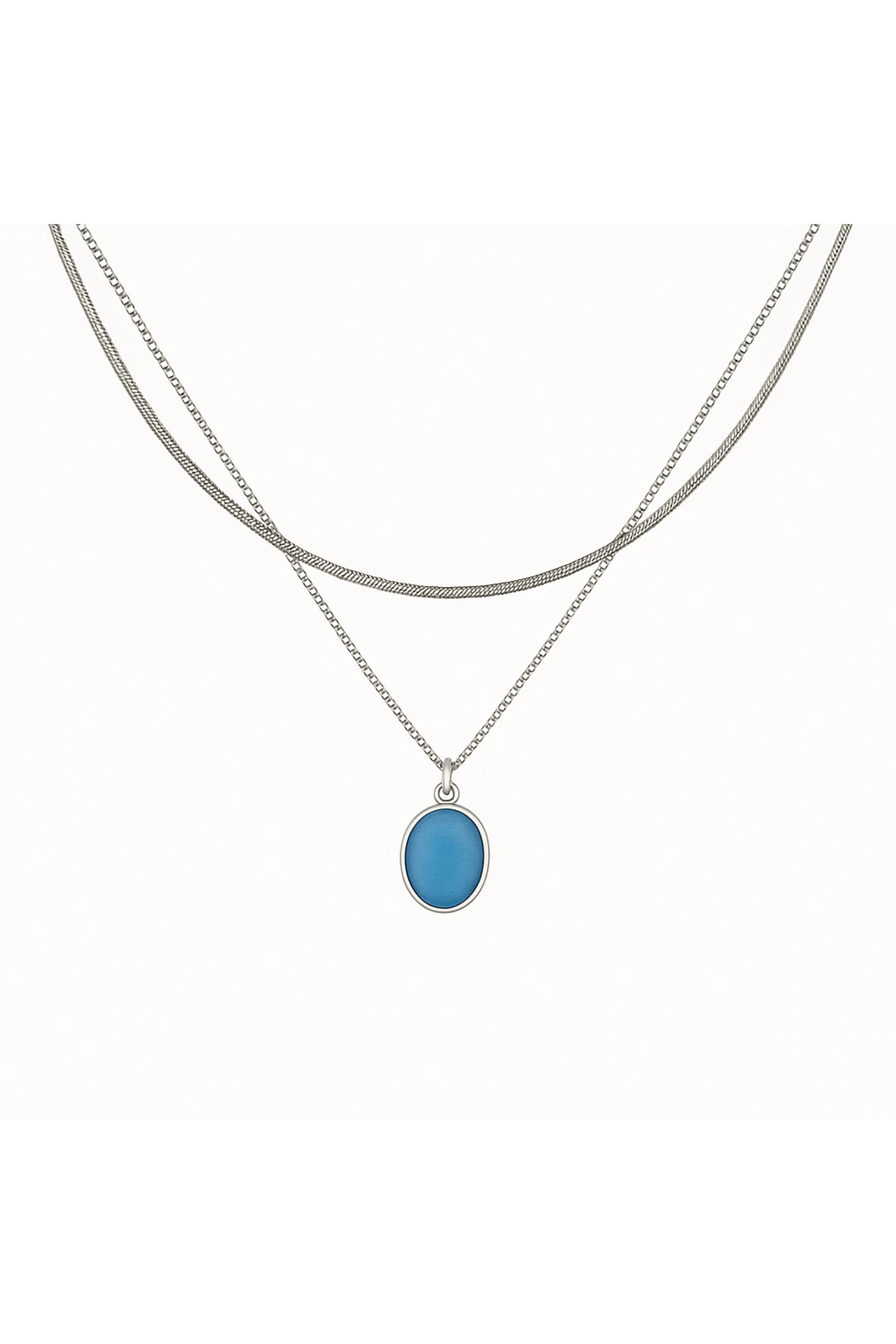 Viserys 2'li İtalyan Zincirli Aqua Mavi Doğal Taşlı Gümüş Renk Zincirli Erkek Kararmaz Çelik Kolye
