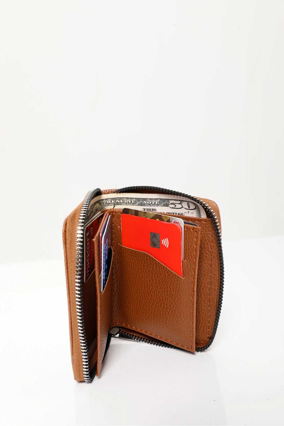 Erkek Taba Vegan Deri Dikey Fermuarlı Kartlık Ve Cüzdan