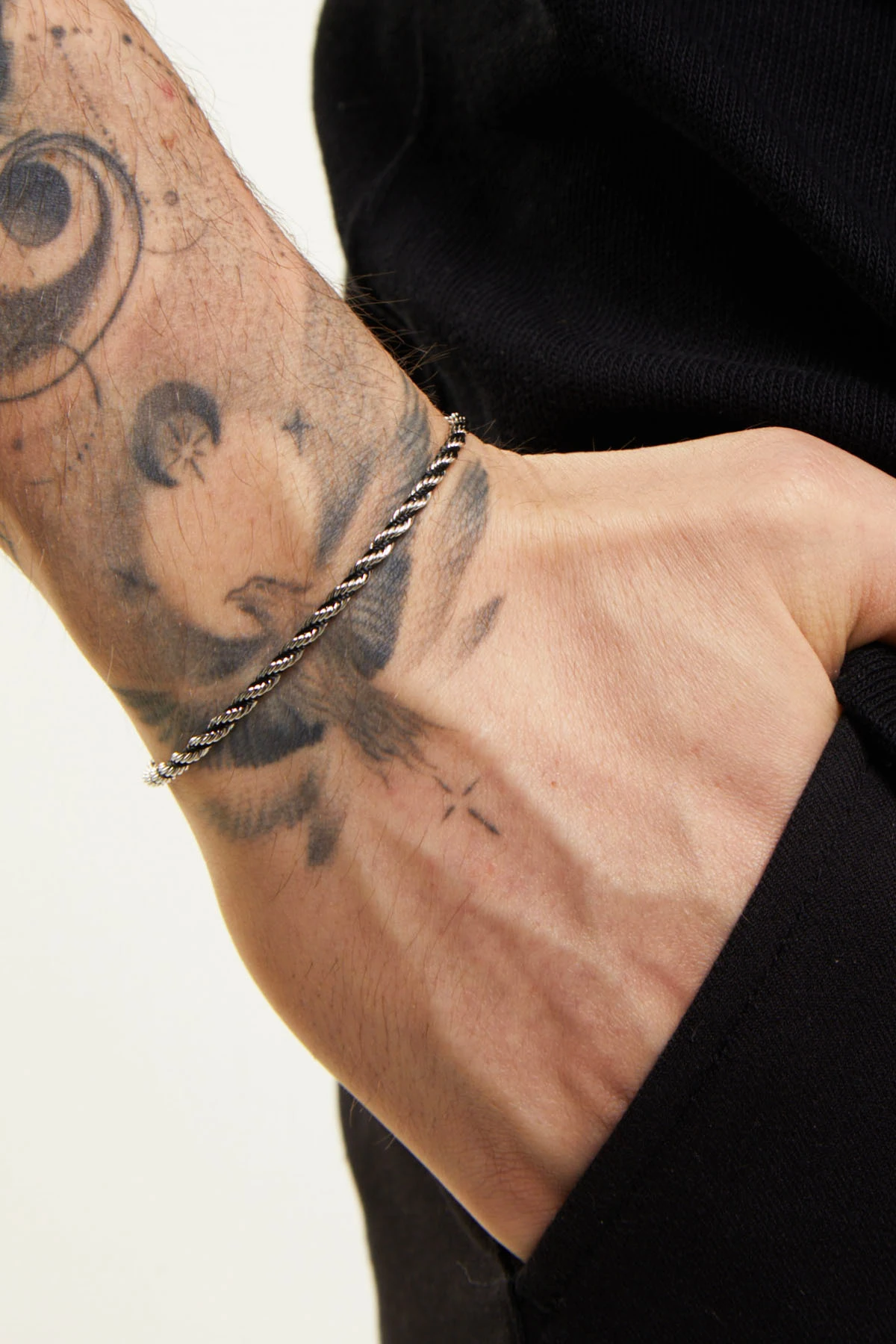 Pansy Erkek Çift Renkli Kalın Burgu Gümüş-Siyah Paslanmaz Çelik Bileklik