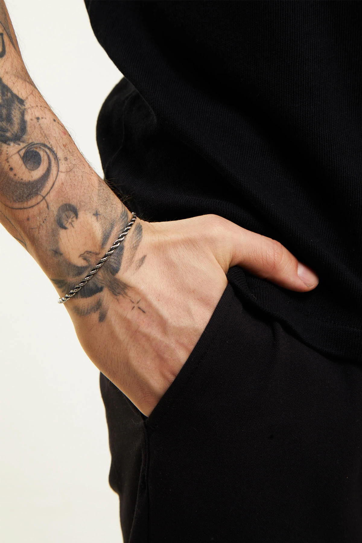 Pansy Erkek Çift Renkli Kalın Burgu Gümüş-Siyah Paslanmaz Çelik Bileklik