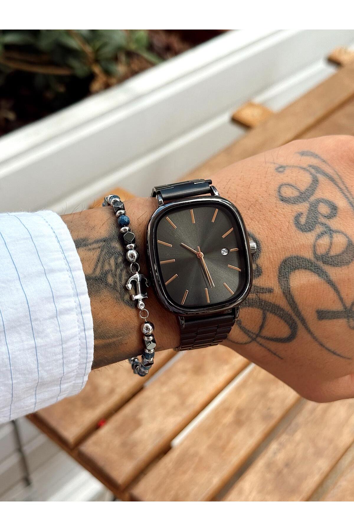 Siyah Metal Kordon-Kare Kasa, Siyah Kadran, Rose Gold İndeksli, Takvimli Erkek Kol Saati