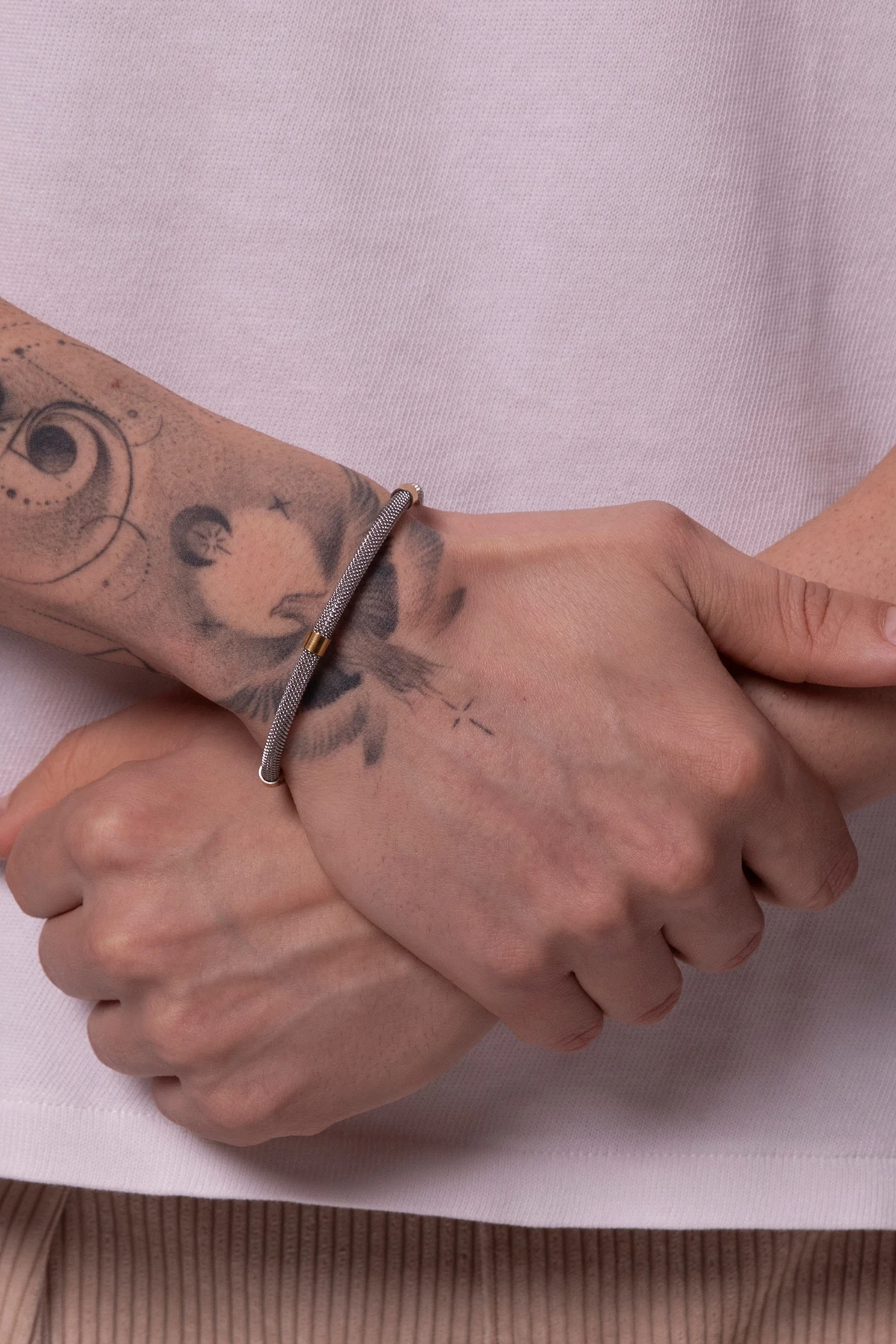 Erkek Gümüş-altın Renk Silindir Hasır Paslanmaz Çelik Kelepçe Bileklik