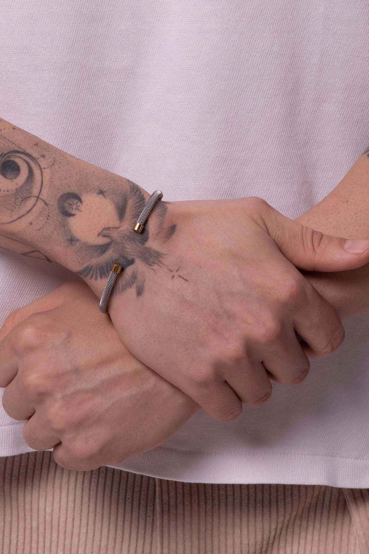 Erkek Gümüş-altın Renk Silindir Hasır Paslanmaz Çelik Kelepçe Bileklik