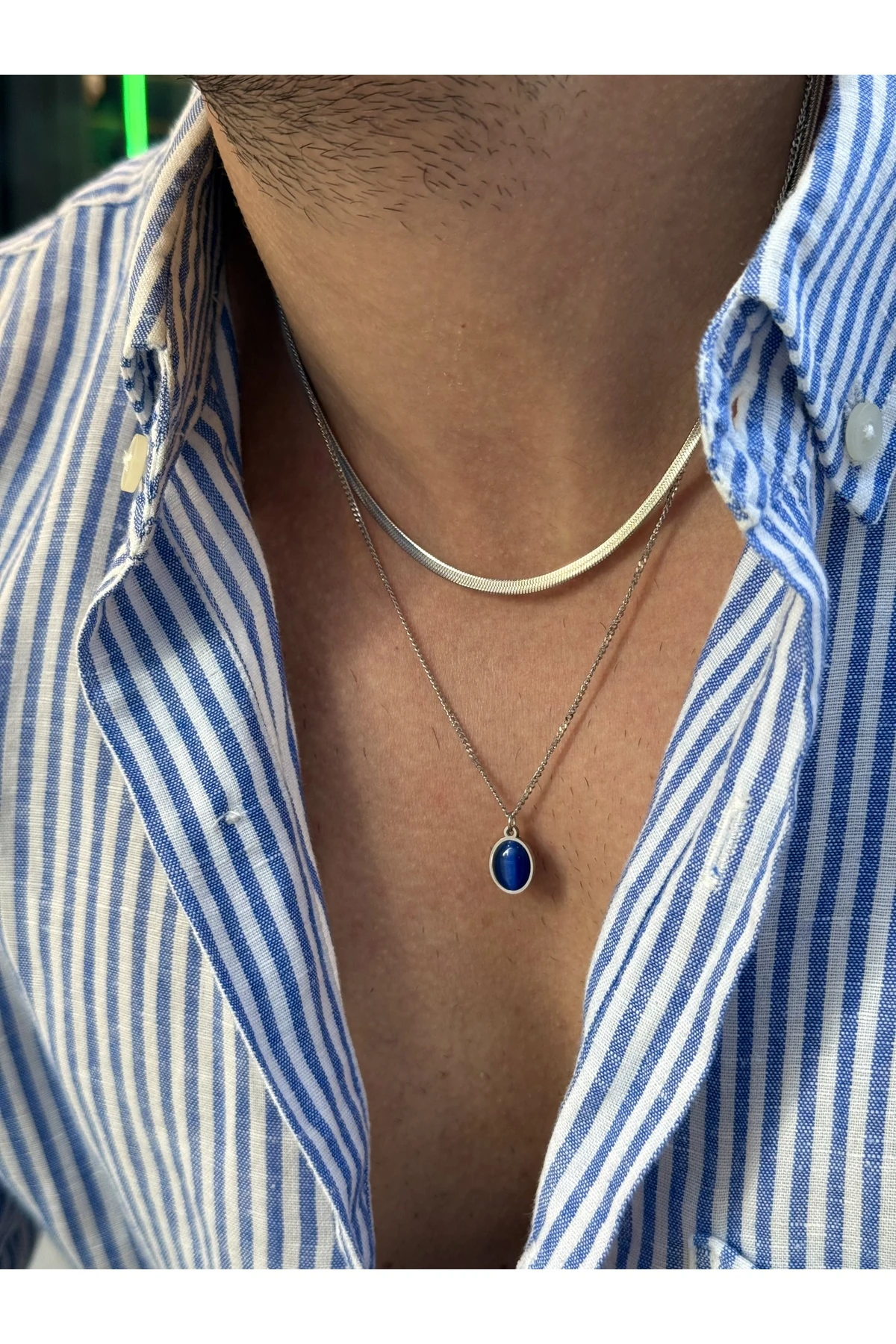 Morgoth 2'li İtalyan Zincirli Lacivert Doğal Taşlı Gümüş Renk Zincirli Erkek Kararmaz Çelik Kolye