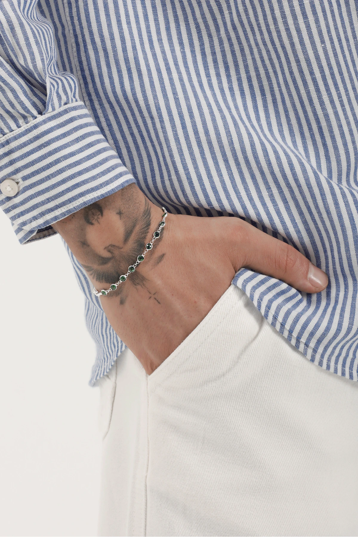 Nandor 925 Ayar Gümüş Erkek Bileklik – Yeşil Doğal Taşlı