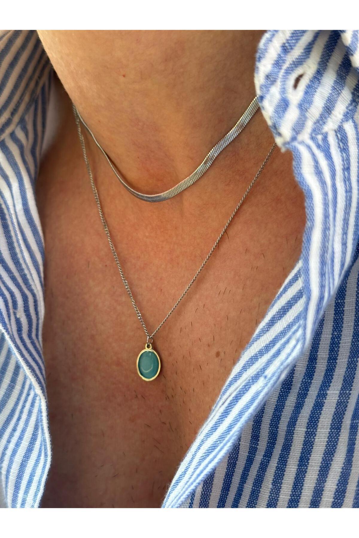 Arwen 2'li İtalyan Zincirli Mavi Kedi Gözü Doğal Taşlı Gümüş Renk Erkek Kararmaz Çelik Kolye