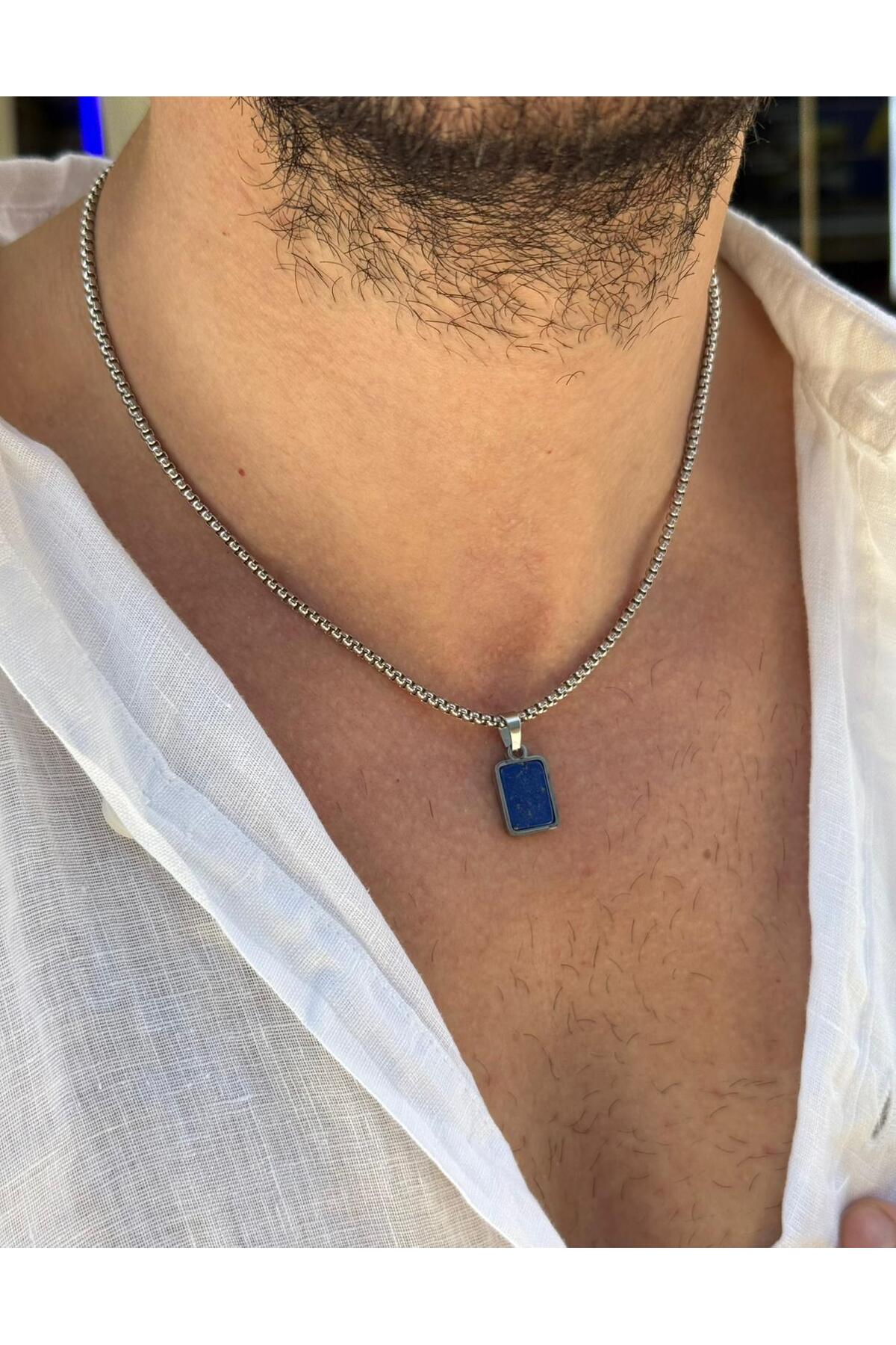 Finrod Erkek Minimal Dikdörtgen Lacivert Lapis Lazuli Doğal Taş Uçlu Çelik Kolye
