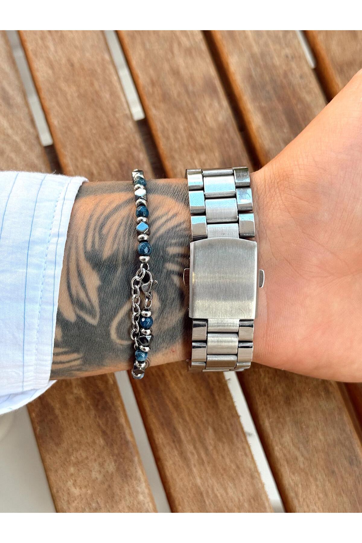 Dikdörtgen Kasa,Gümüş Metal Kordon, Lacivert Kadran, Roma İndeksli Erkek Kol Saati