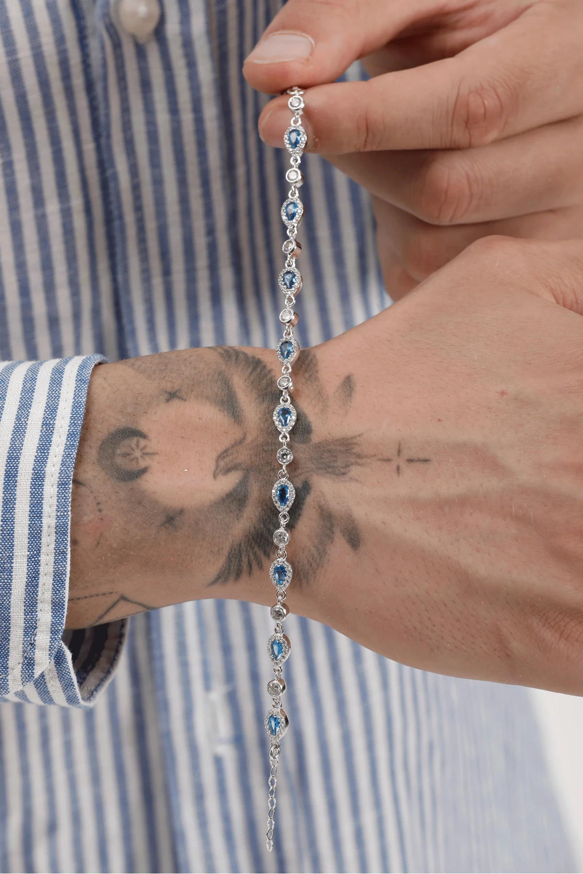 Lindon 925 Ayar Gümüş Mavi Damla Taşlı Erkek Bileklik – Parlak Zirkon Detaylı