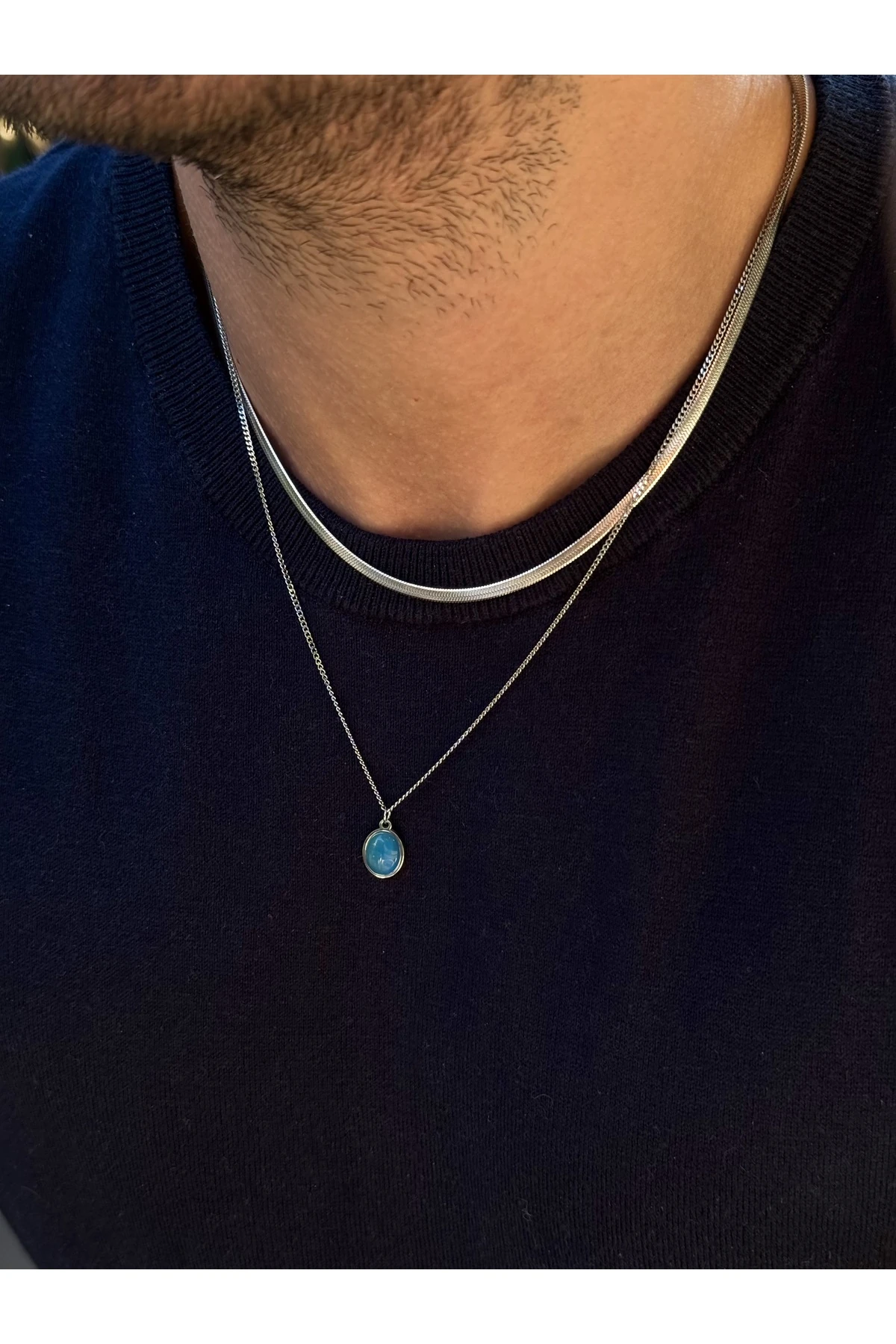 Viserys 2'li İtalyan Zincirli Aqua Mavi Doğal Taşlı Gümüş Renk Zincirli Erkek Kararmaz Çelik Kolye