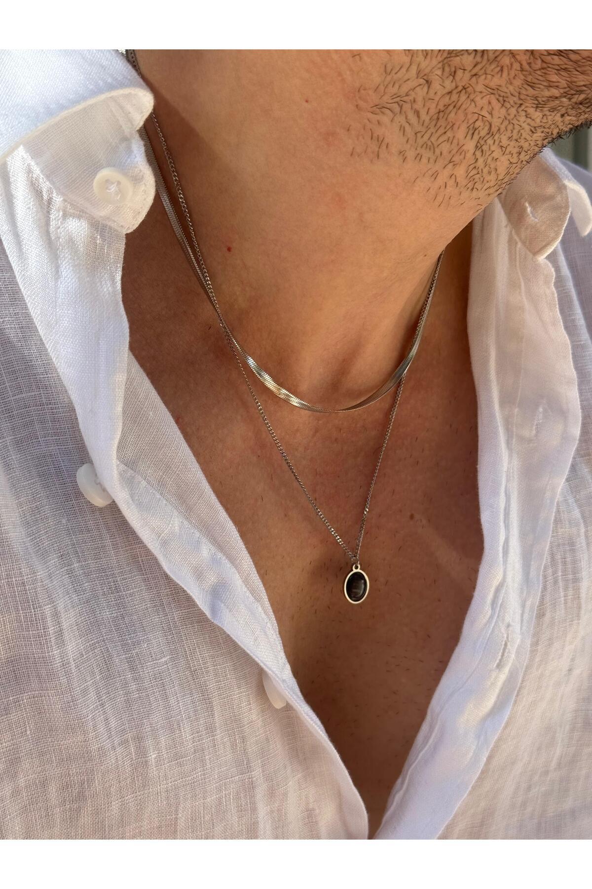 Mithrandir 2'li İtalyan Zincirli Siyah Doğal Taşlı Gümüş Renk Zincirli Erkek Kararmaz Çelik Kolye