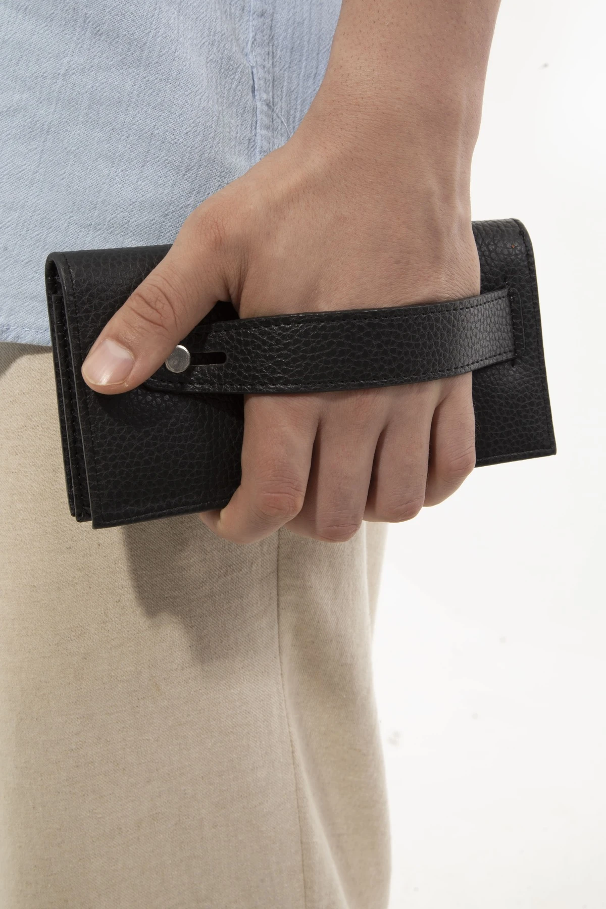 Erkek Siyah Suni Deri Telefon Bölmeli 10 Kartlık Şeffaf Gözlü Cüzdan