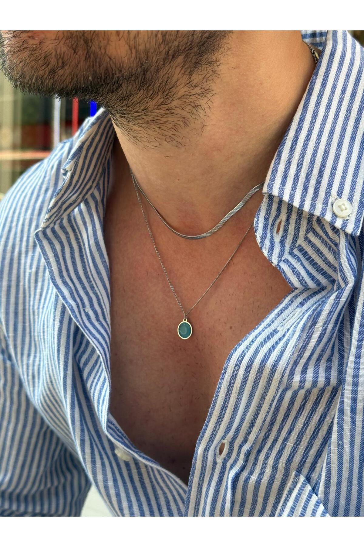 Arwen 2'li İtalyan Zincirli Mavi Kedi Gözü Doğal Taşlı Gümüş Renk Erkek Kararmaz Çelik Kolye