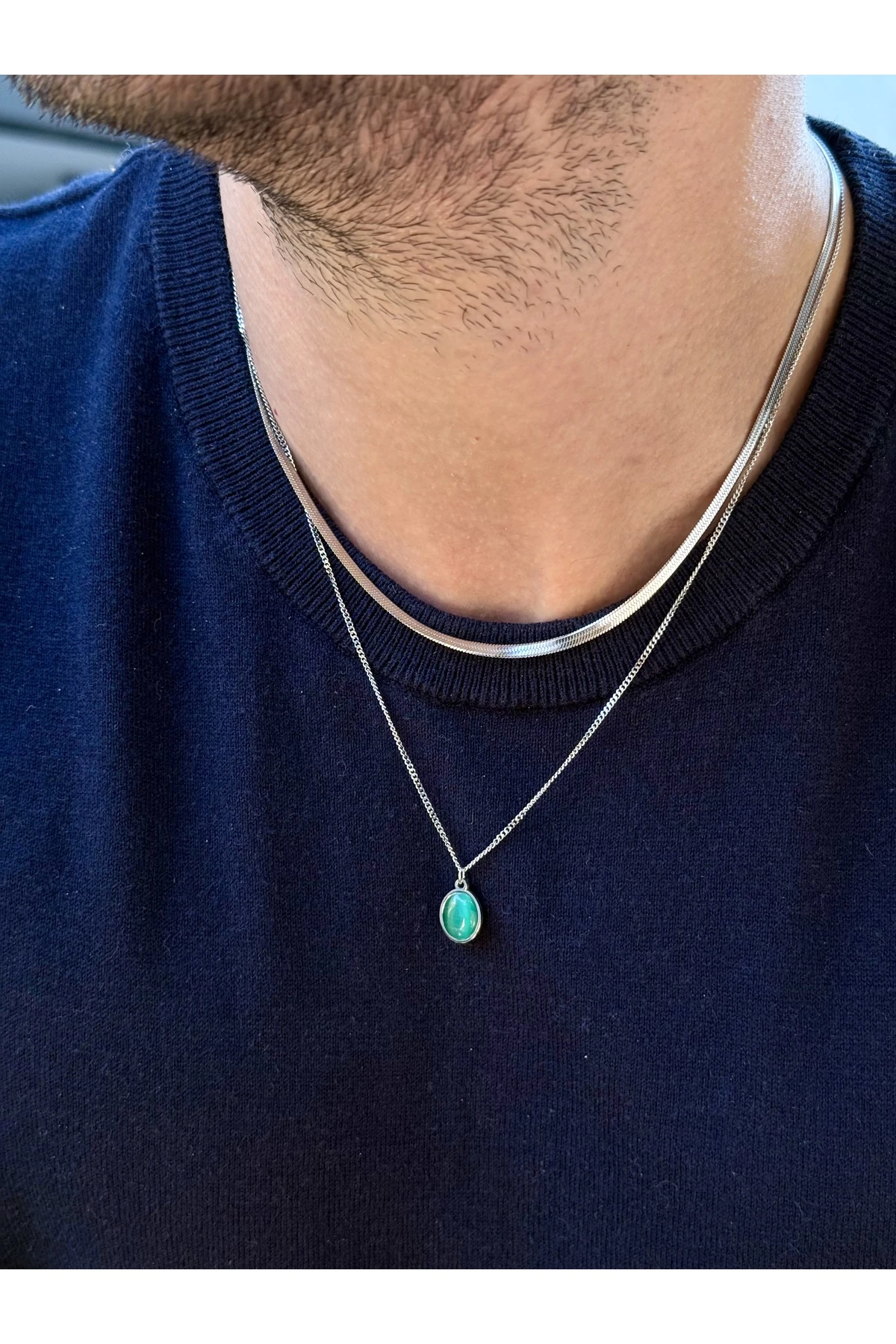 Nessa 2'li İtalyan Zincirli Yeşil Doğal Taşlı Gümüş Renk Zincirli Erkek Kararmaz Çelik Kolye
