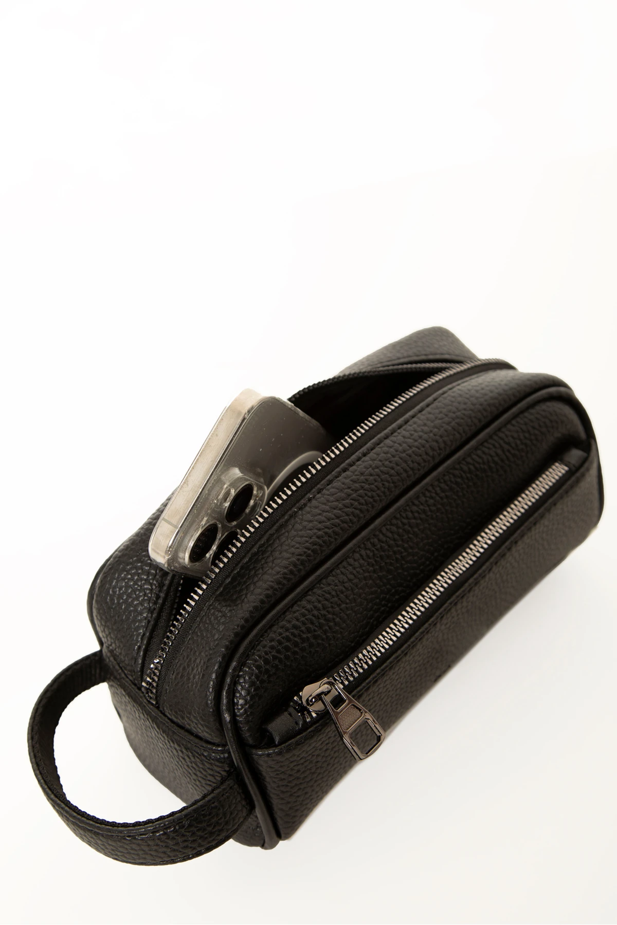 Adar Erkek Siyah Vegan Deri El Çantası – Fermuarlı Ön Cep, Dokulu Desen