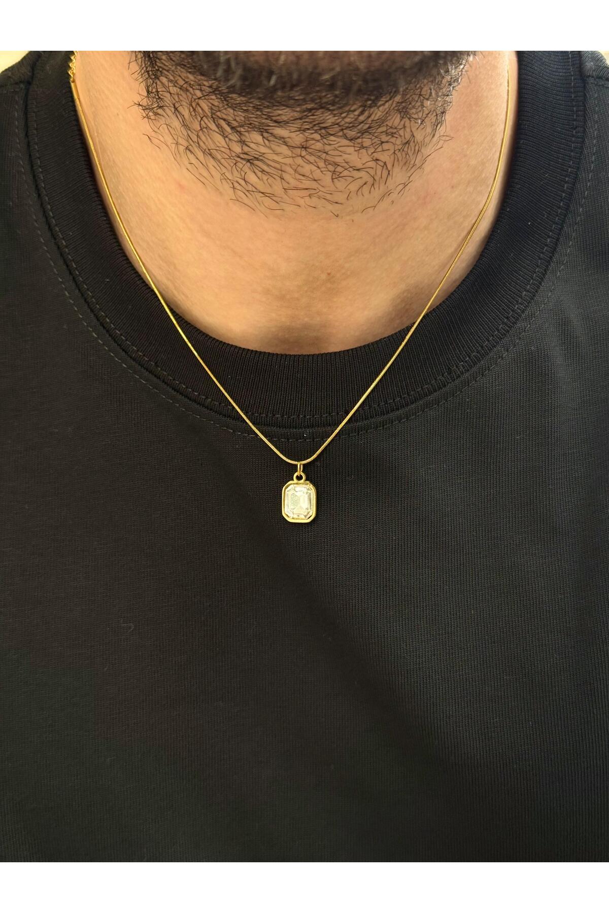 Aredhel Altın Renk Zirkon Taş Detaylı Paslanmaz Çelik Erkek Kolye