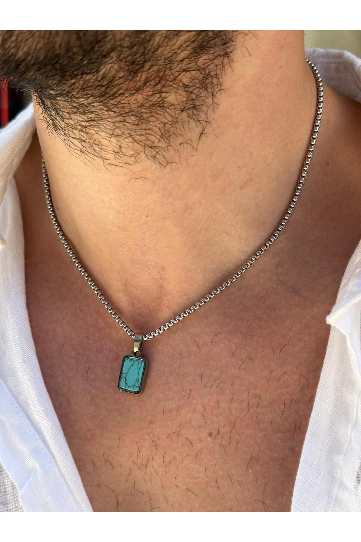 Anzu Erkek Minimal Dikdörtgen Yeşil Krizopraz Doğal Taş Uçlu Çelik Kolye