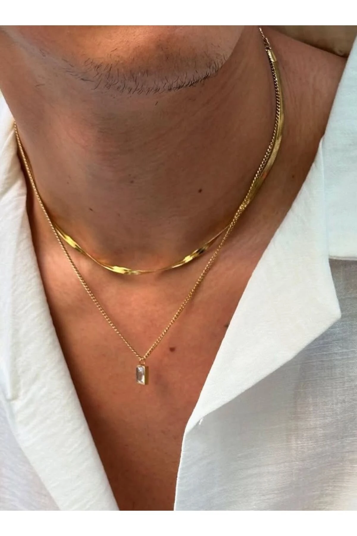 Albus 2'li İtalyan Zincirli Zirkon Taşlı Altın Renkli Erkek Kararmaz Çelik Kolye