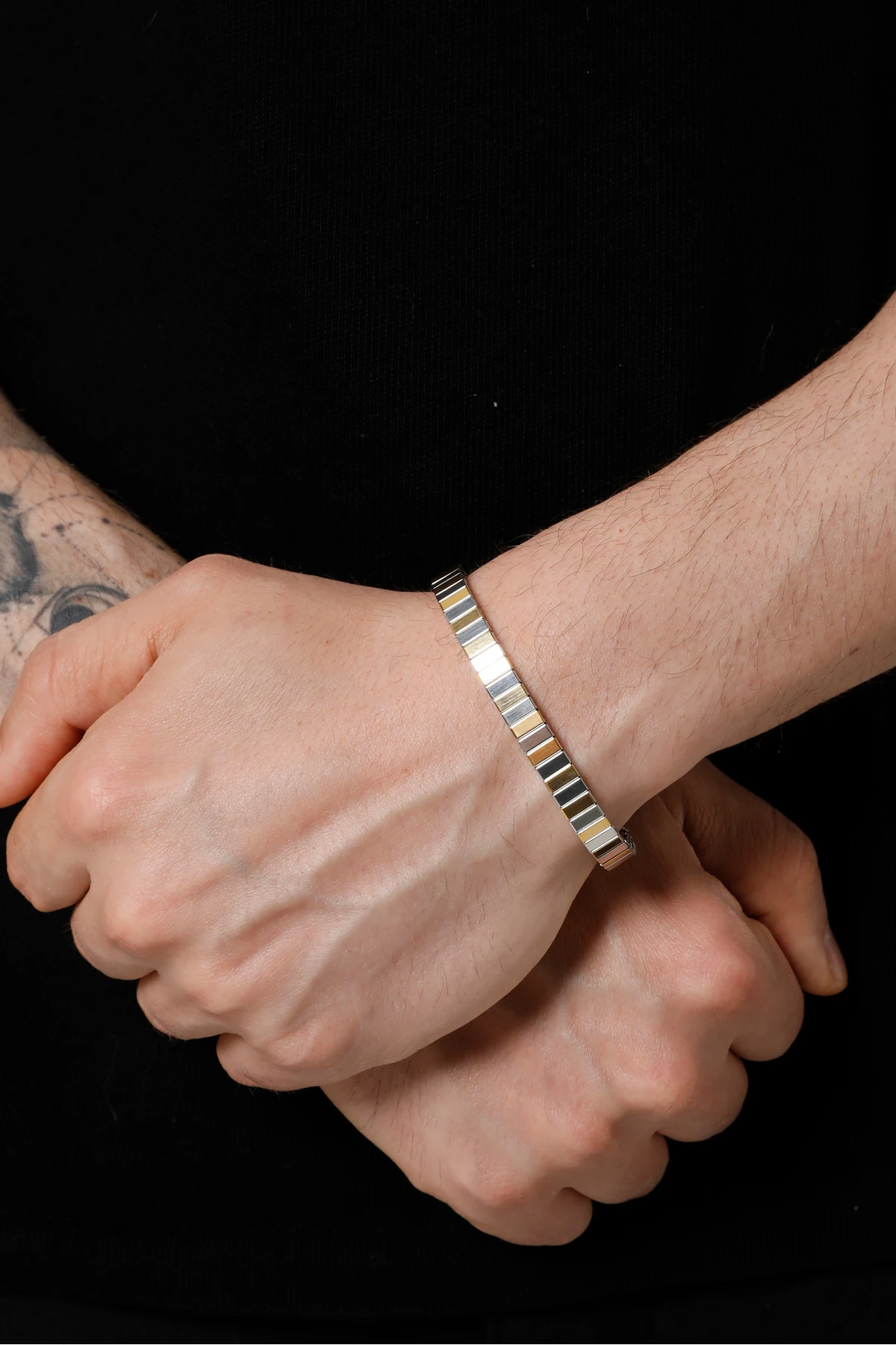 Erkek Gümüş-Altın Renk Yaylı Kelepçe Bileklik