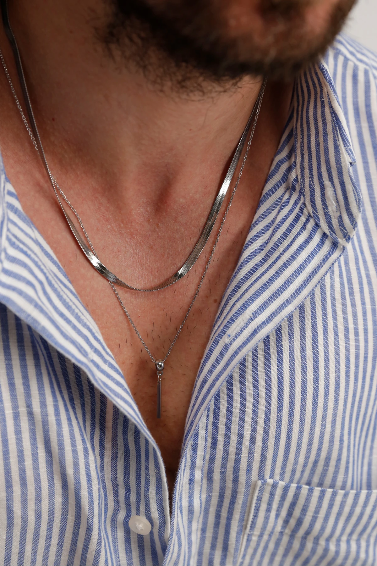 Eiji Erkek Gümüş Renk 2'li Çelik Kolye Seti – Yassı Yılan Zincir & Çubuk Uç Detaylı (47 & 60 cm )